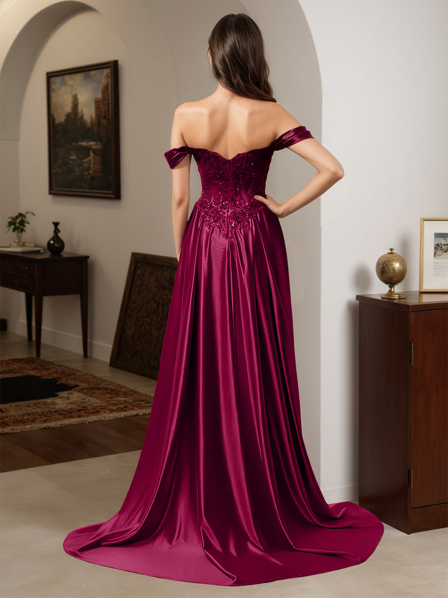 Cicinia Mulberry Prom Dresses Appliques Lace Off The Shoulder Sheath Dress wiith Sweep Train