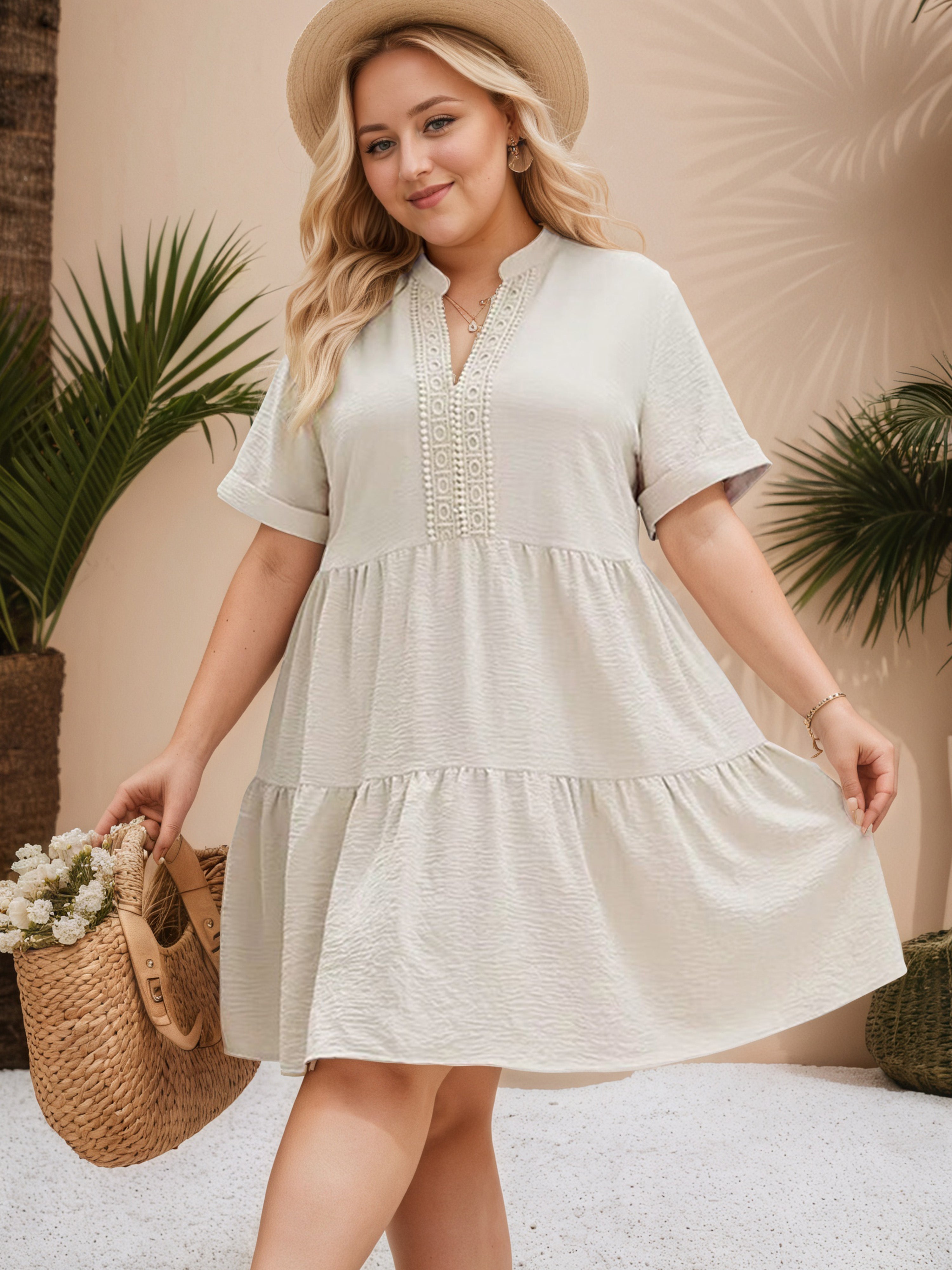 V-Neck Apricot Boho Knee Length Plus Size Dress