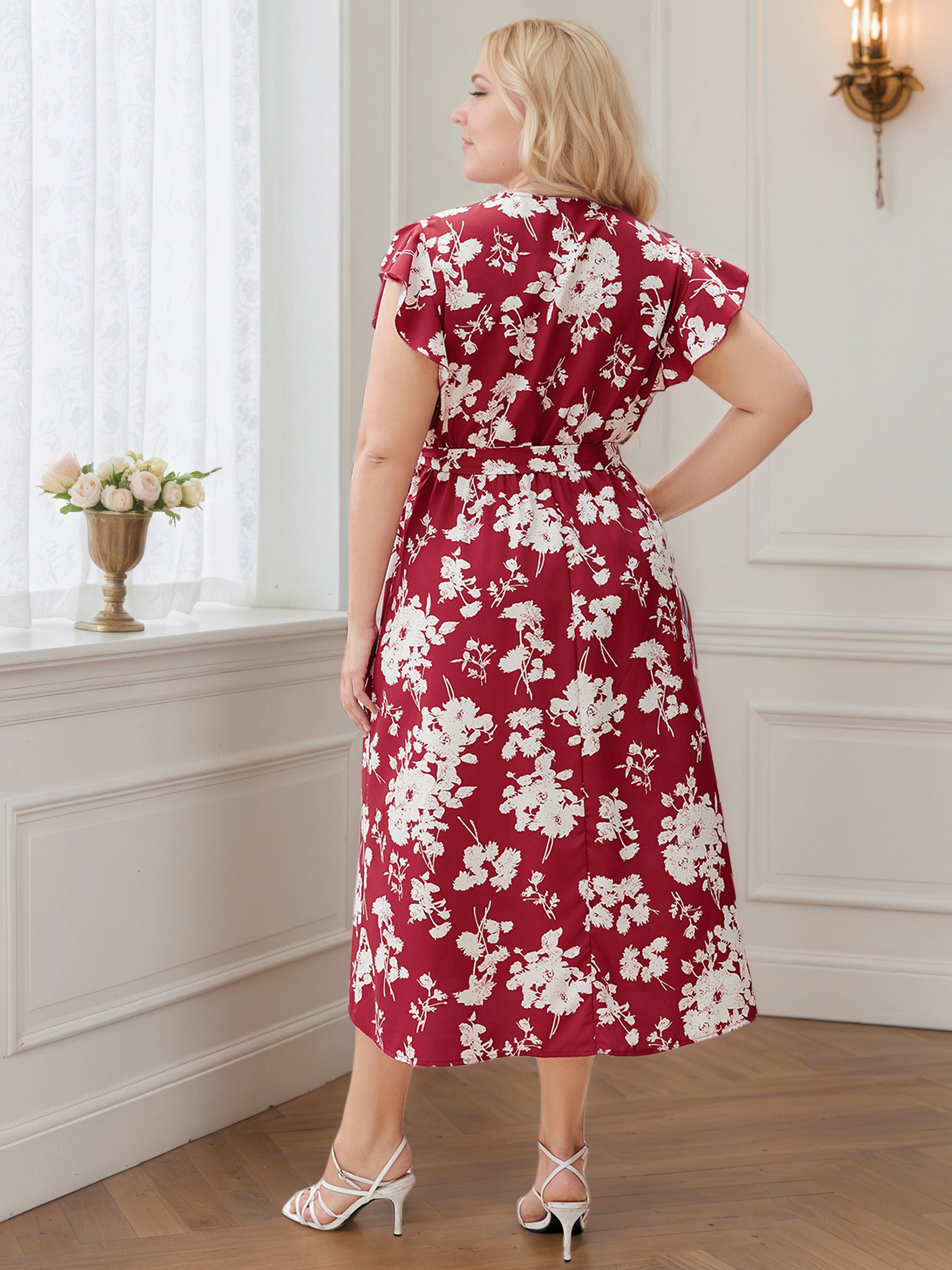 Cap Sleeves Floral Cinnamon Rose V-Neck Plus Size Dress