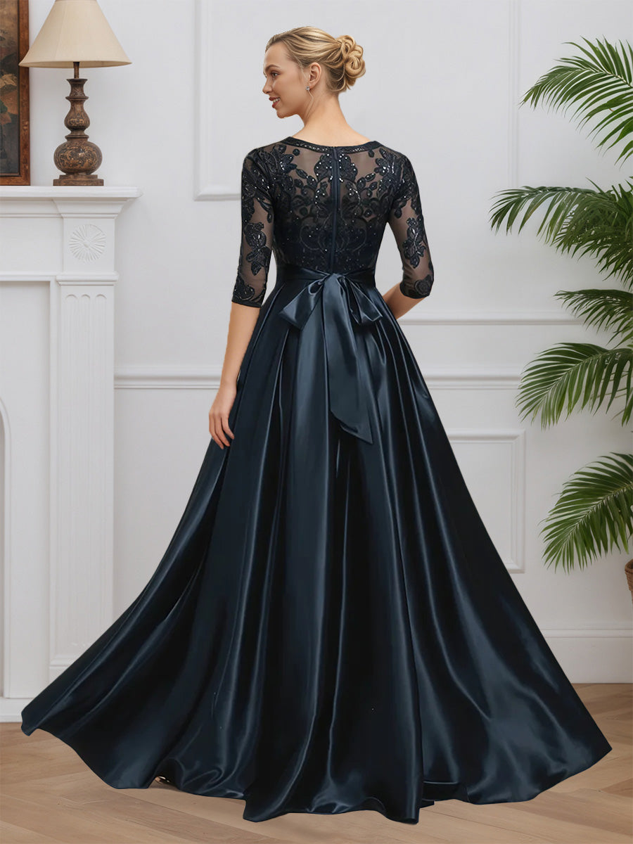 Cicinia Dark Navy Mother Of The Bride Dresses Soft Satin Lace A-Line Jewel Floor Length