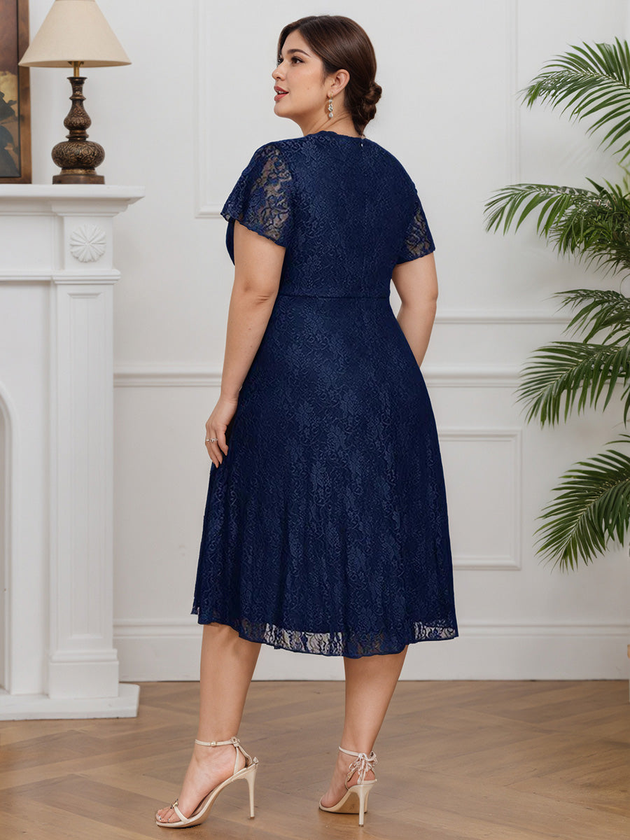 Cicinia Navy Blue Mother Of The Bride Dresses Lace A-Line V-Neck Sleeves Tea Length Plus Size