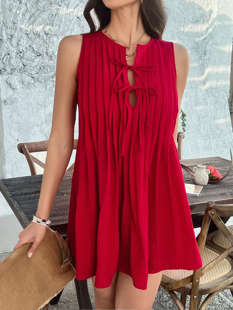 Solid Color Notched Sleeveless Pleats Red A-Line Wedding Guest Dress