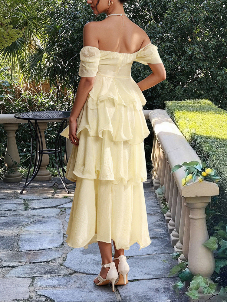 Puff Sleeves Square Neckline Daffodil Layers Wedding Guest Dress