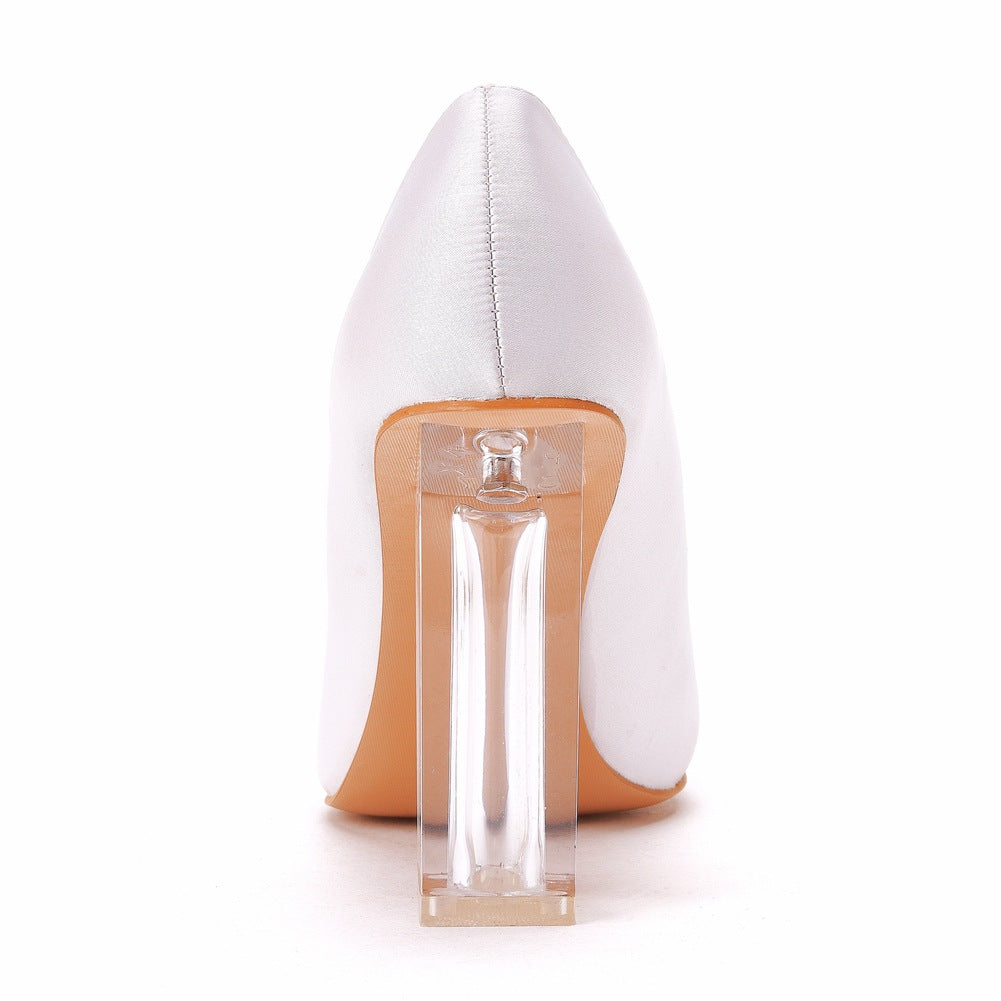 Pointed Toe White Block Heels Crystal Transparent Square Heels