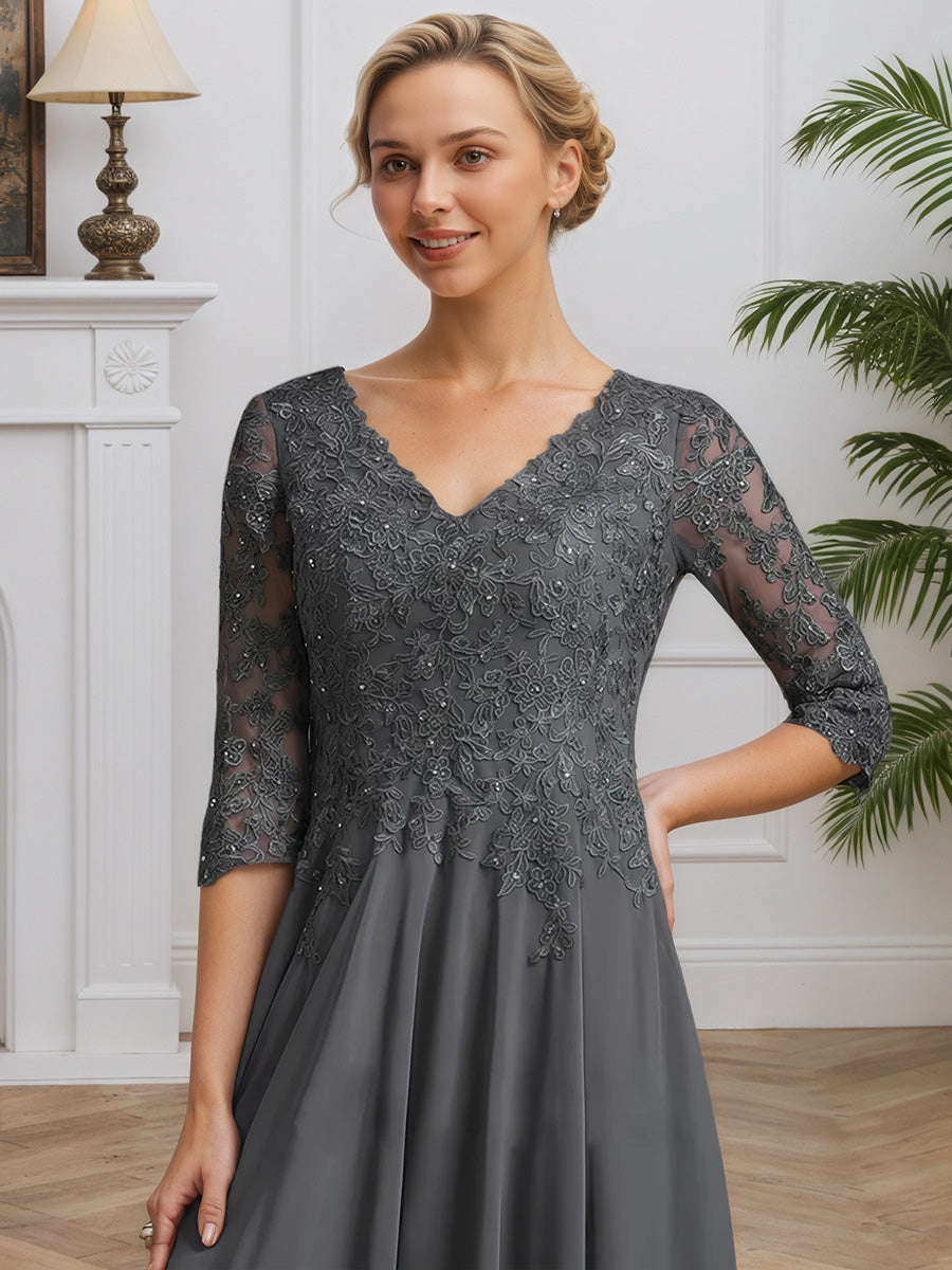 Cicinia Steel Gray Mother Of The Bride Dresses Chiffon Lace A-Line Sleeves V-Neck Tea Length