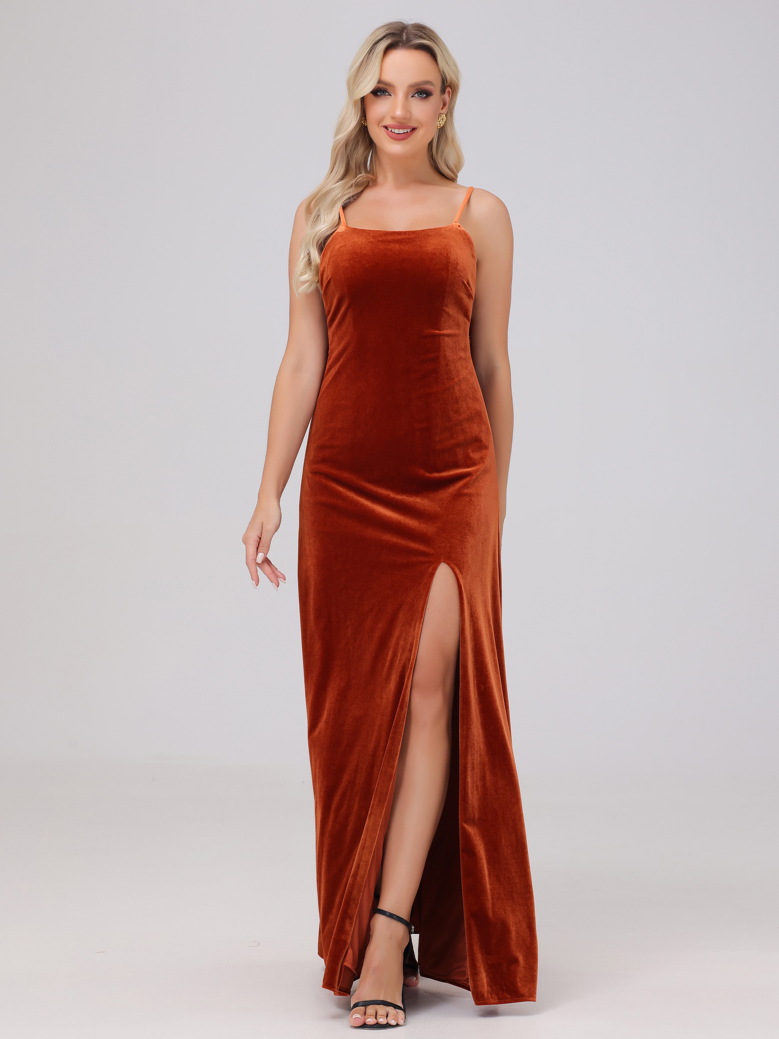 Spaghetti Straps Sleeveless Long Velvet Bridesmaid Dresses With Split