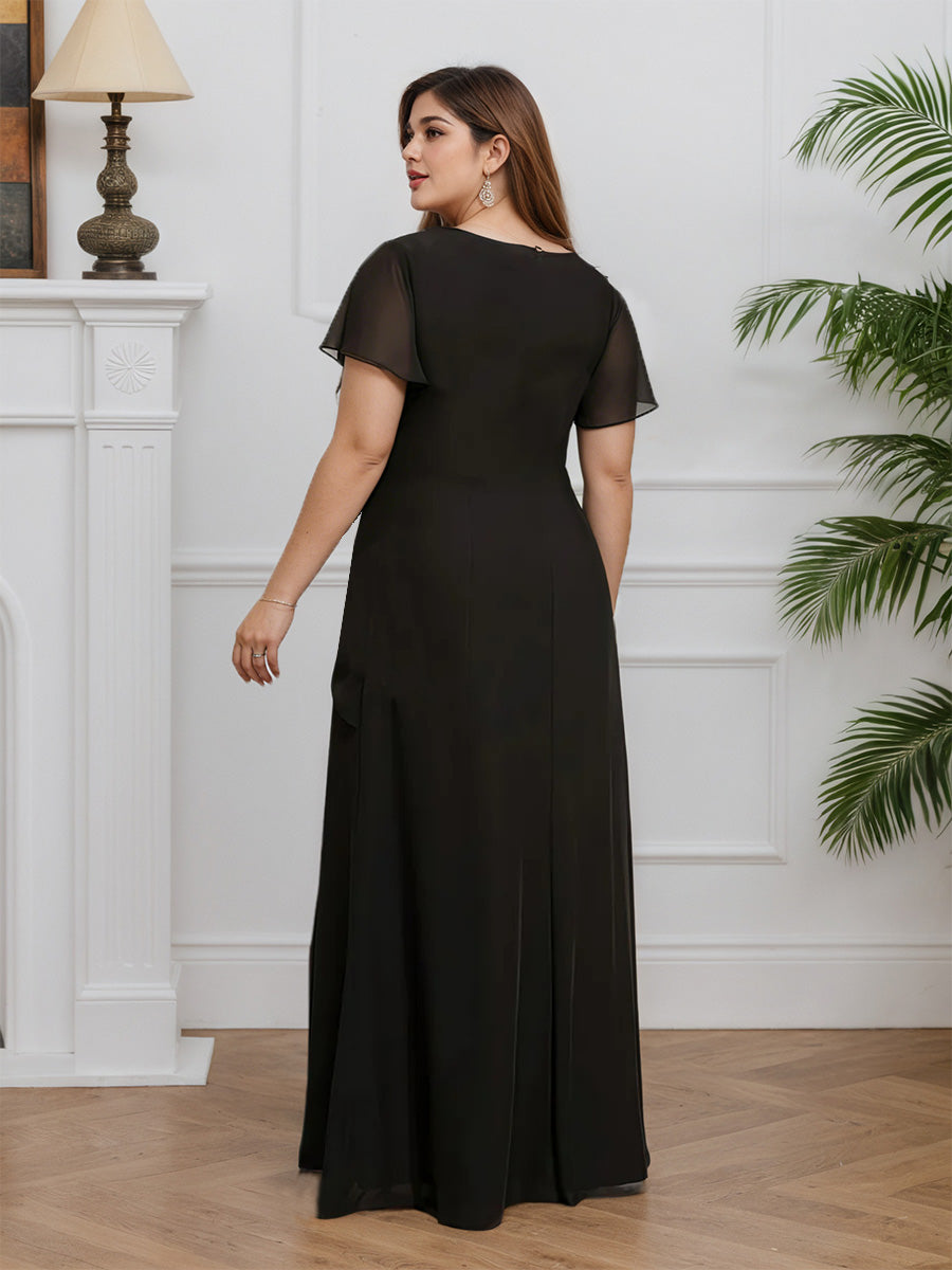 Cicinia Black Mother Of The Bride Dresses Chiffon Jewel Sheath Short Sleeves Floor Length Plus Size