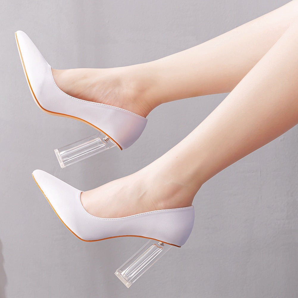 Pointed Toe White Block Heels Crystal Transparent Square Heels