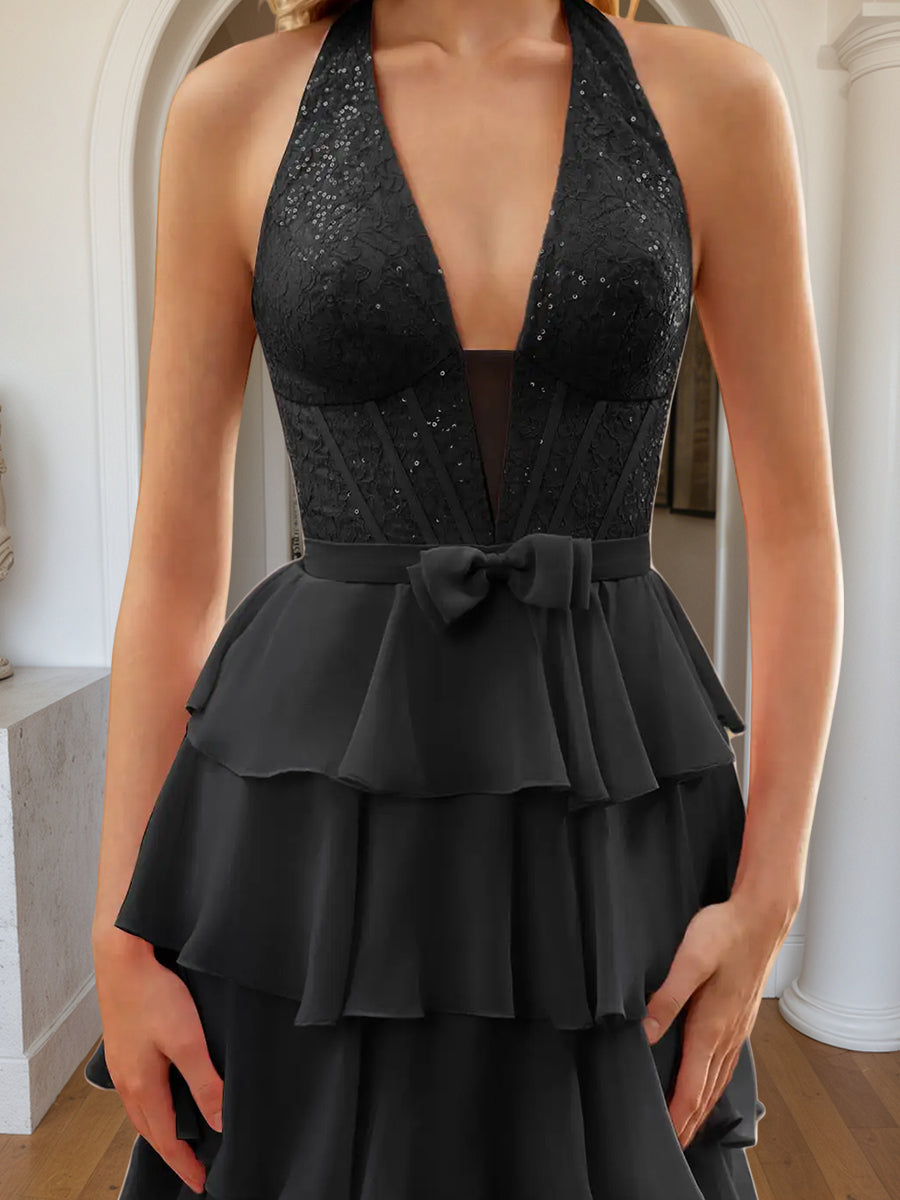 Cicinia Black Prom Dresses Long Halter A-Line Chiffon Backless Sleeveless Layers Prom Gowns