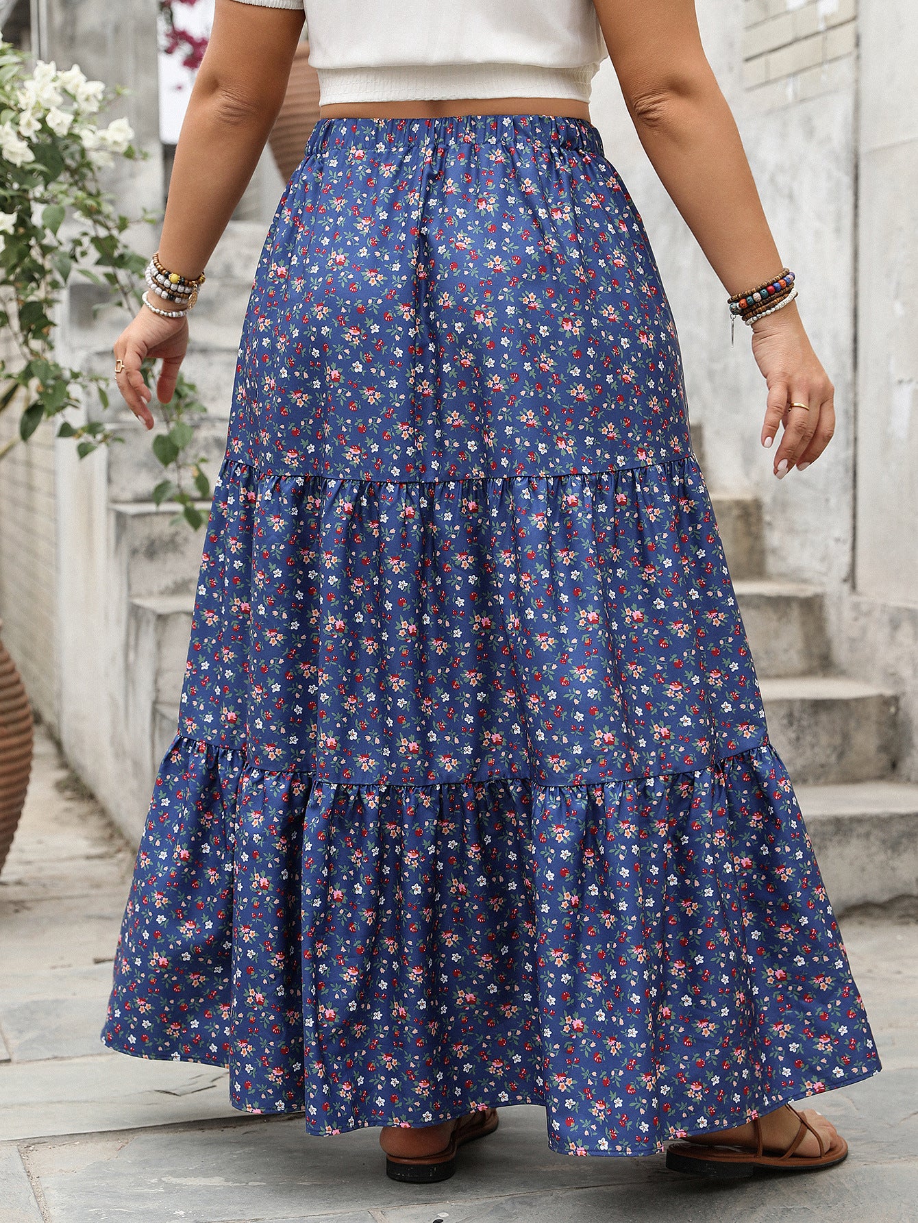 A-Line Dark Navy Floral Printed Long Plus Size Skirt