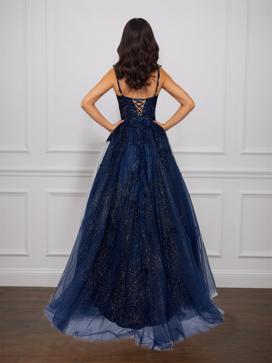 Cicinia Dark Navy Prom Dresses Glitter Tulle A-Line Spaghetti Straps Sweep Train Evening Gown