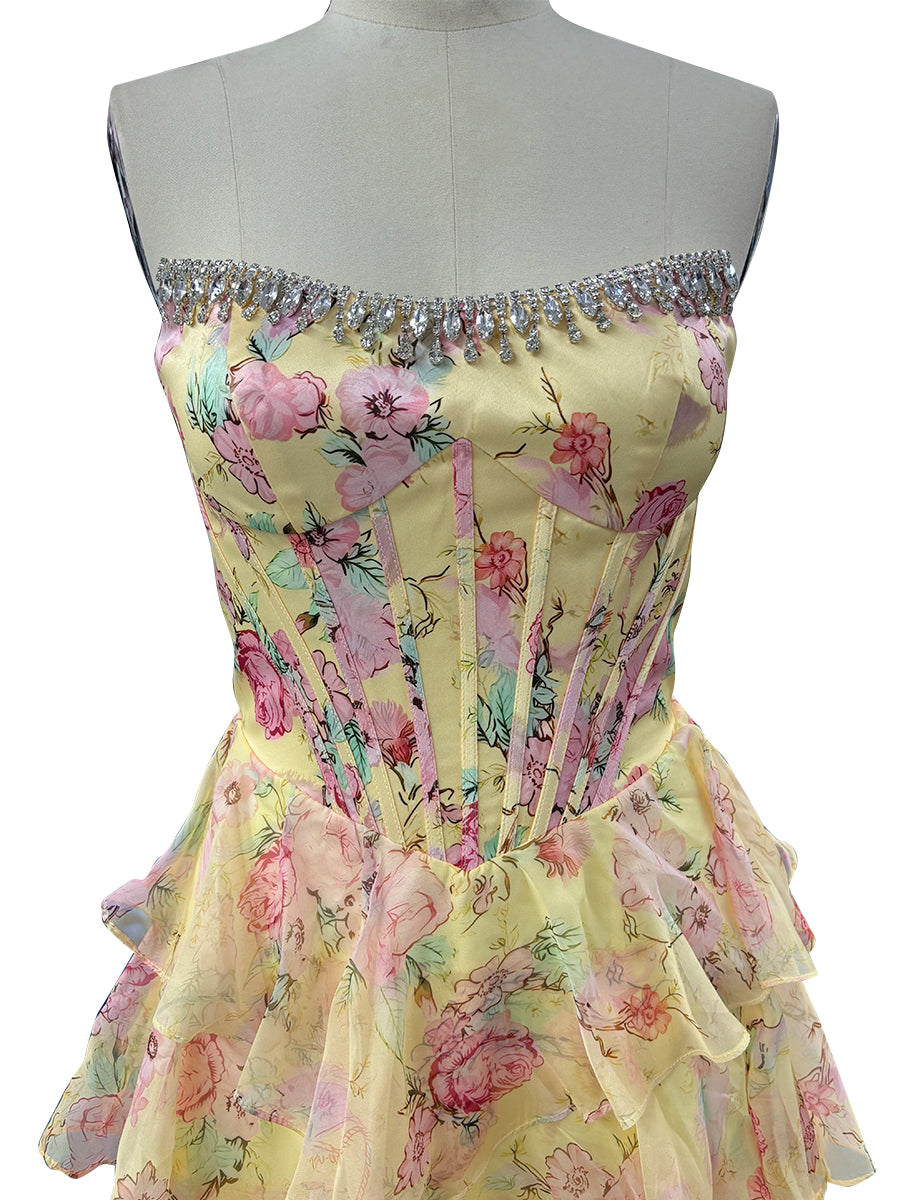 Cicinia Yellow Prom Dress Floral Printed Strapless Layers Sleeveless A-Line Evening Gowns