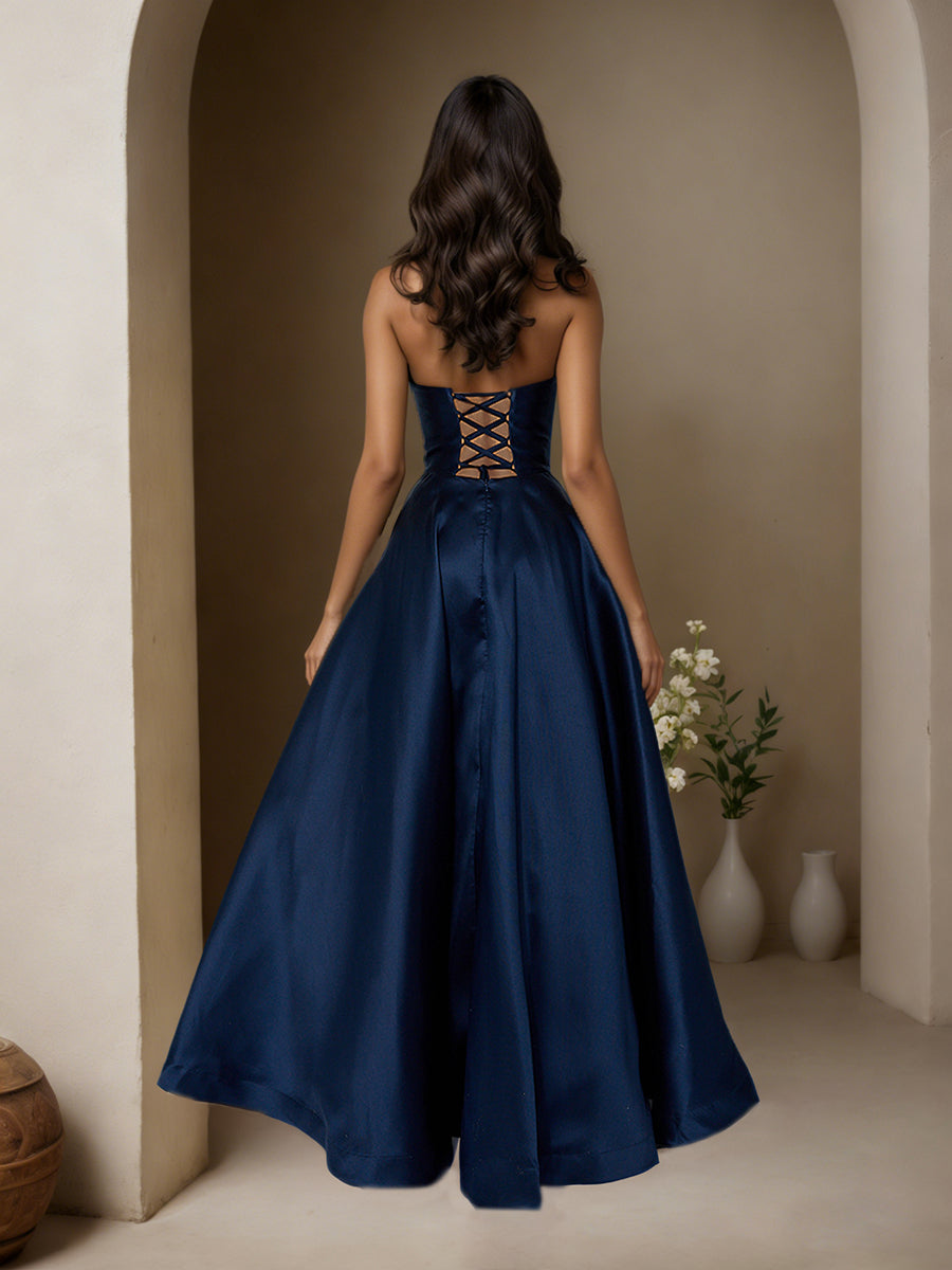 Cicinia Dark Navy Prom Dresses Satin A-Line Floor Length Strapless Evening Gown