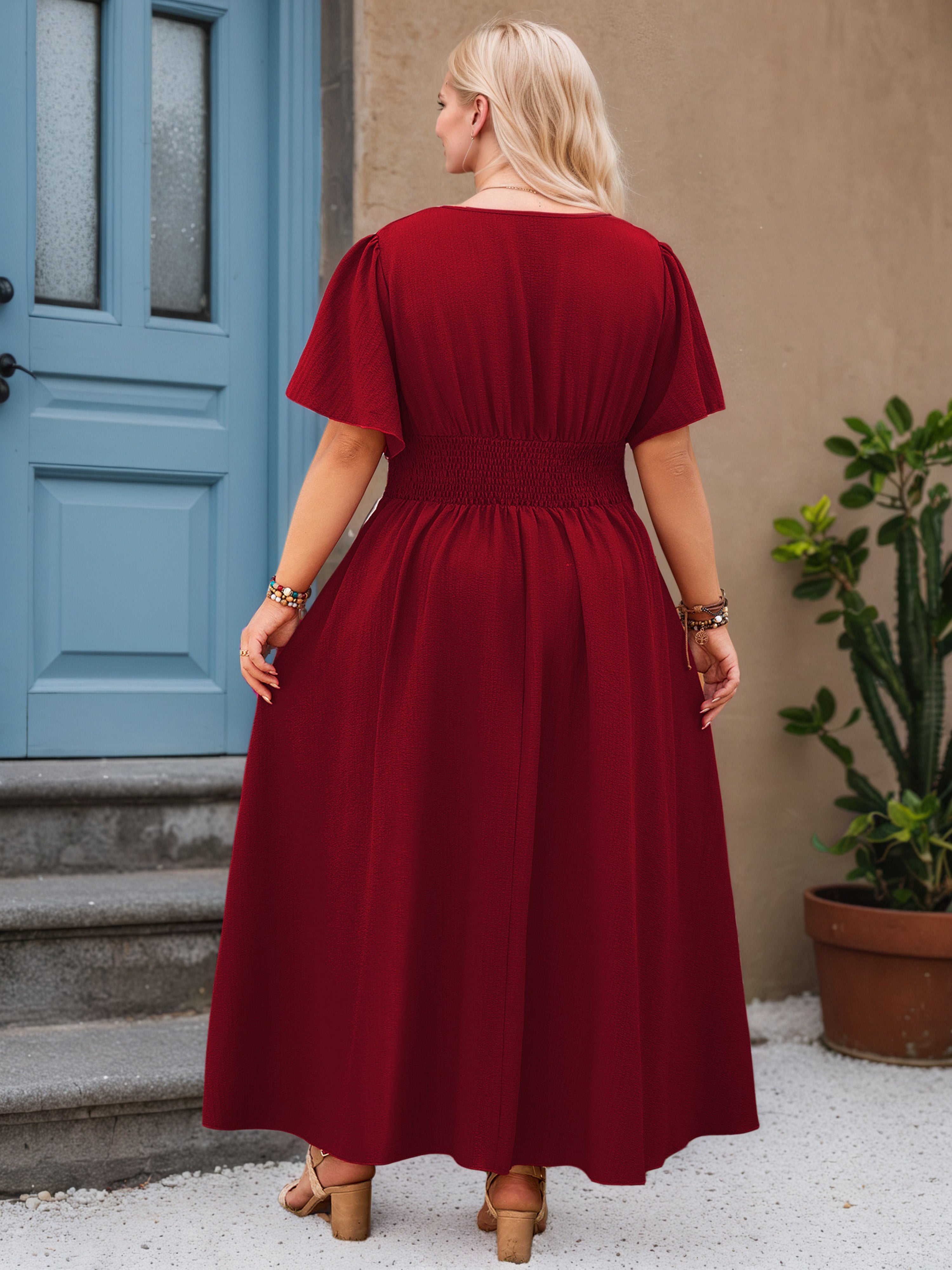 V-Neck Burgundy Ankle Length Plus Size Dress