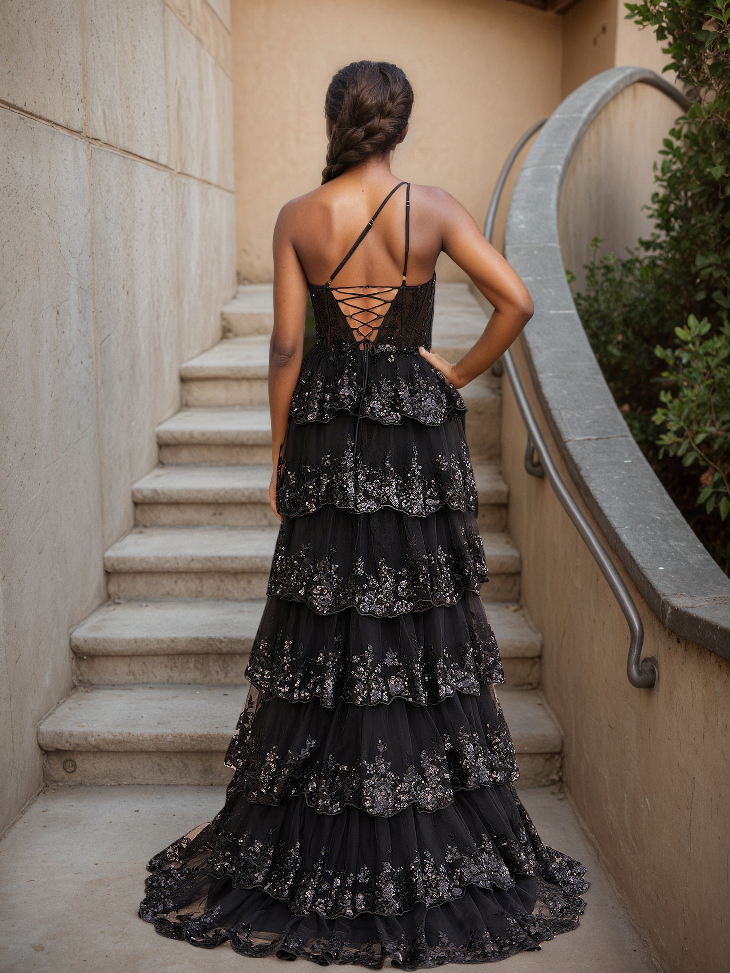 Sequins Sheath One Shoulder Tiered Lace Long Black Prom Dress