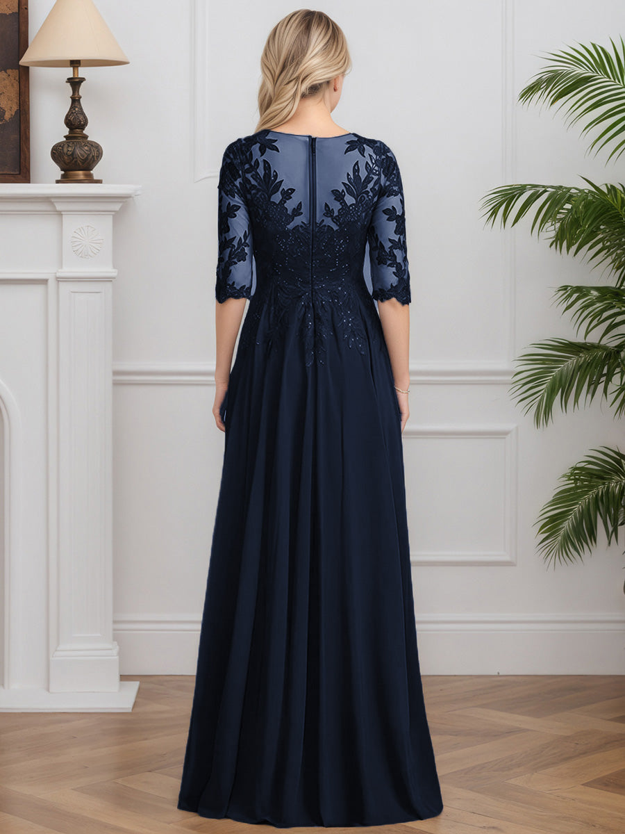 Cicinia Dark Navy Mother Of The Bride Dresses Chiffon Lace V-Neck Half Sleeves Long A-Line