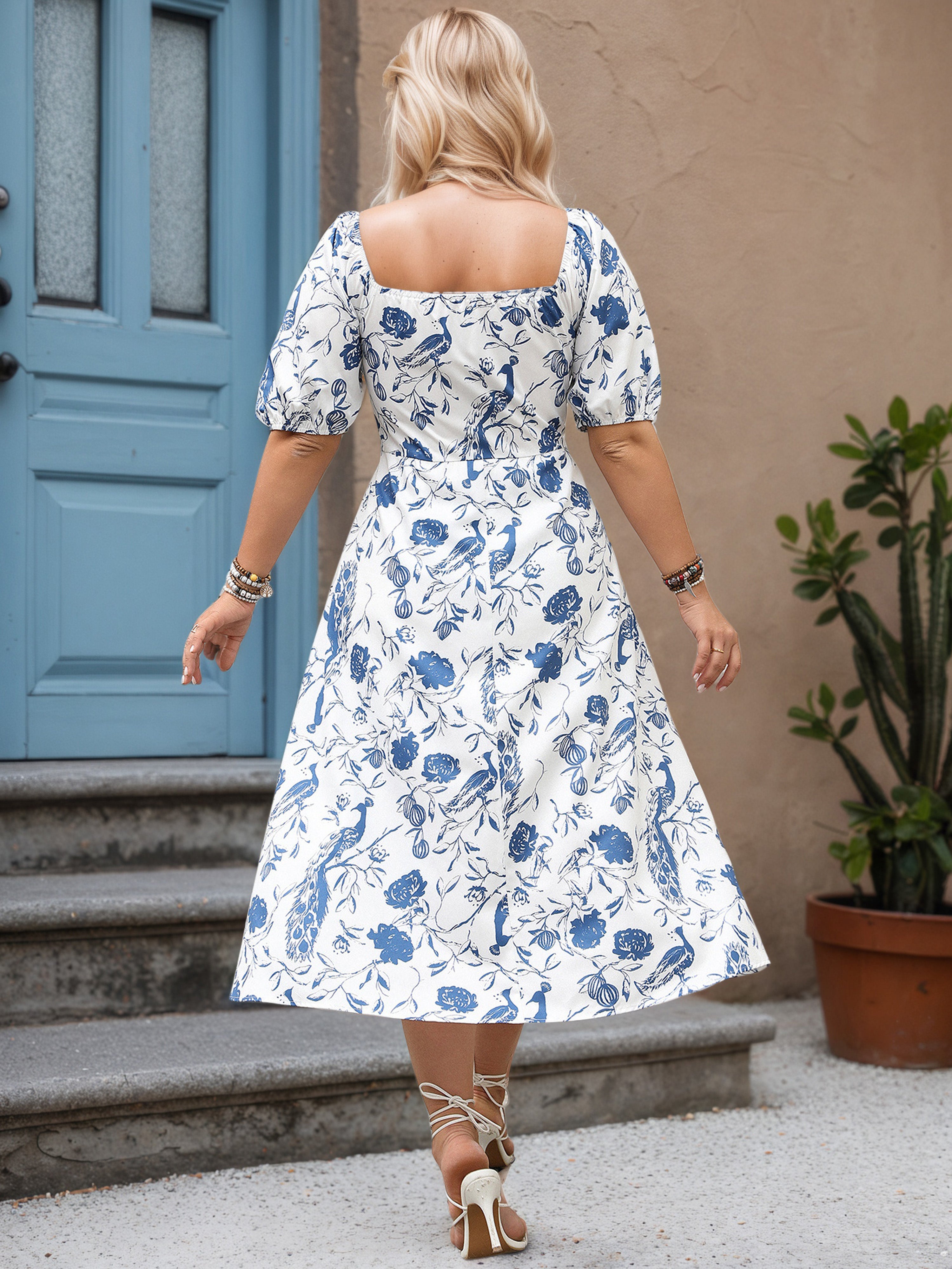 Square Neckline Floral Plus Size Dress