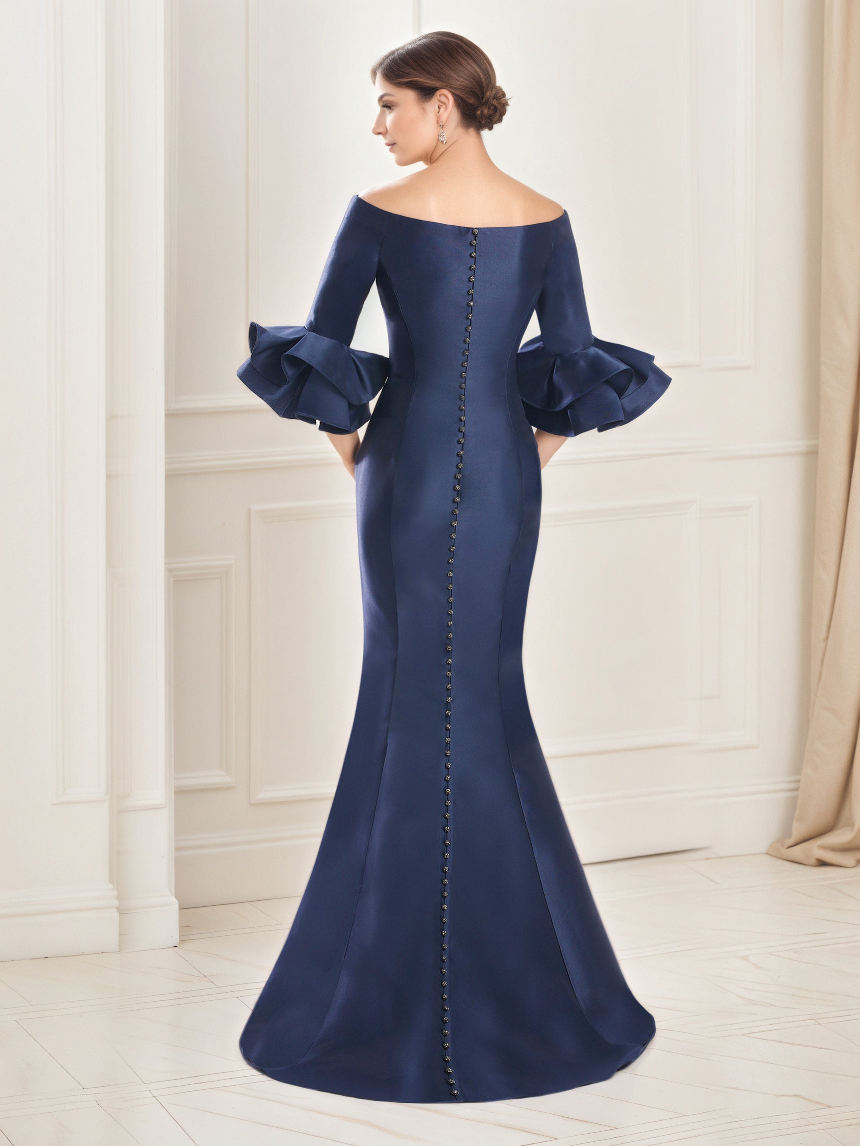 Dark Navy Prom Dress Ruffle Sleeves Mermaid Off The Shoulder Prom Dress