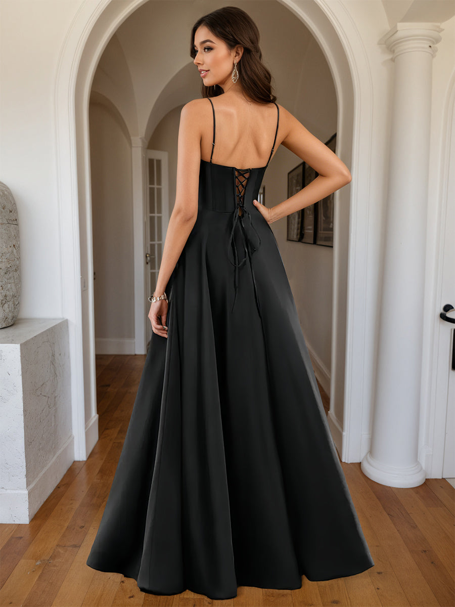Cicinia Black Prom Dresses Satin Sweetheart A-Line Spaghetti Straps Floor Length with Split