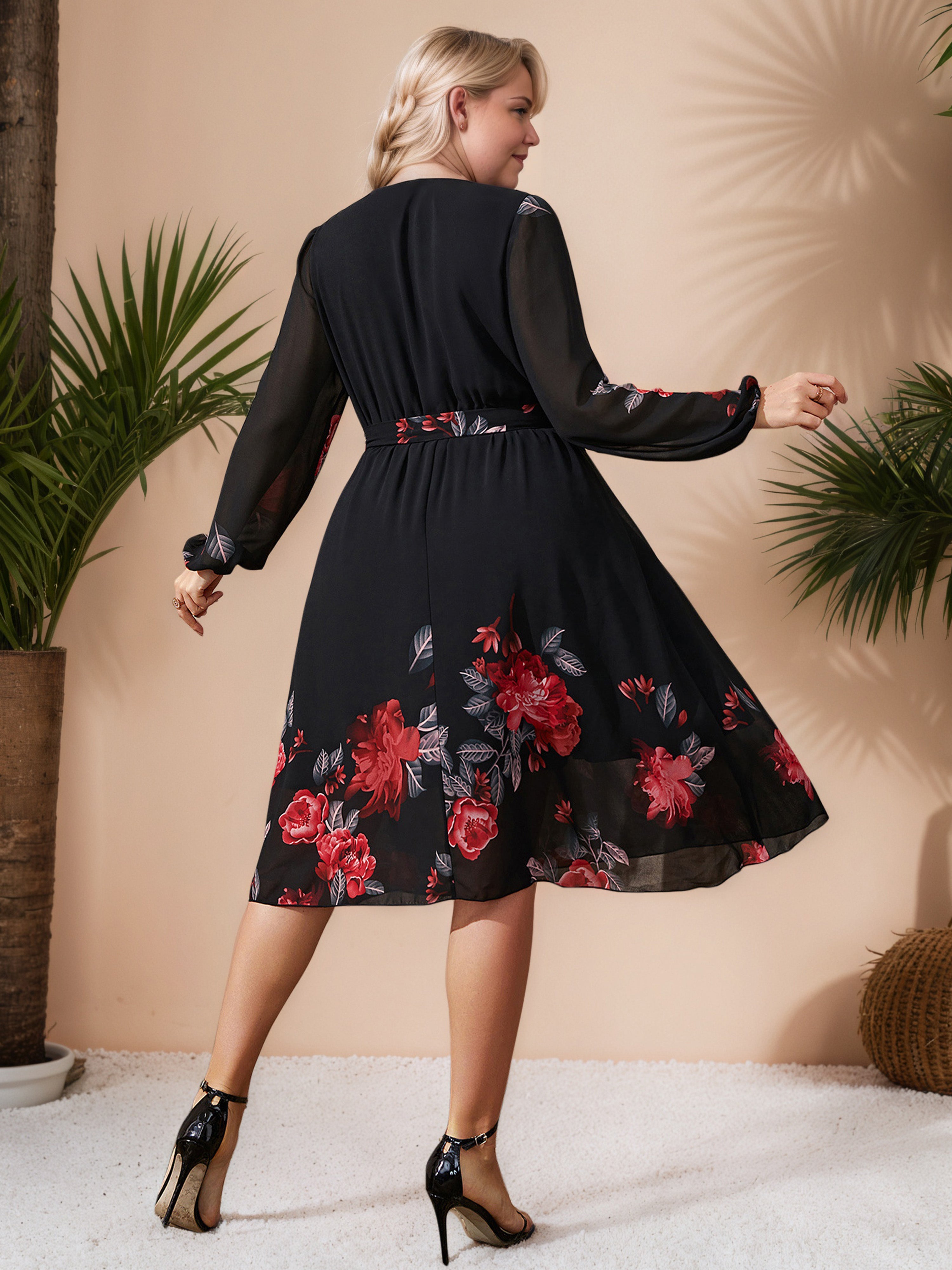 Red Floral Black V-Neck Dress Plus Size Dress with Belt