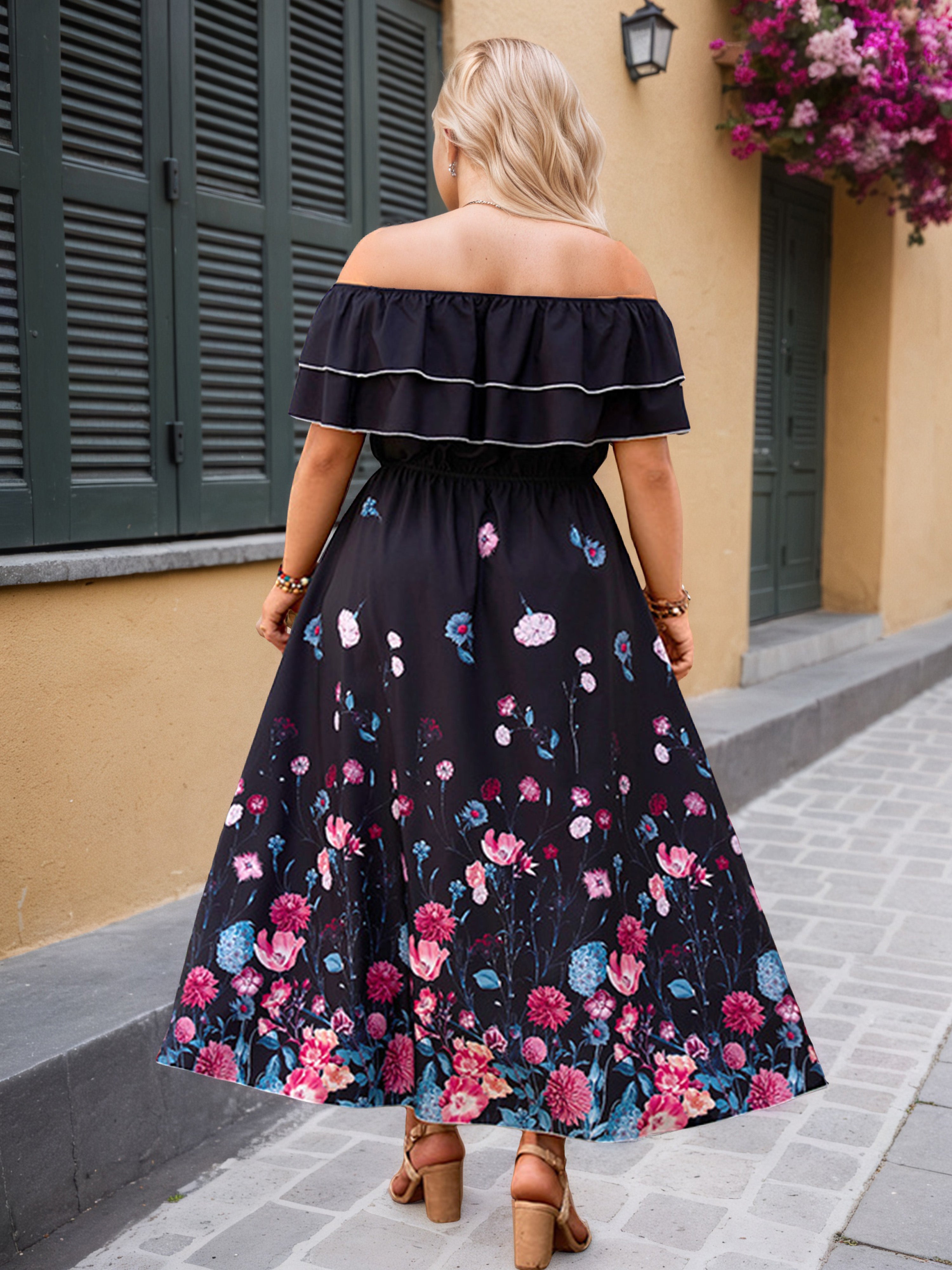 Ruffle Off The Shoulder Floral Printed Hem Black Plus Size Dress