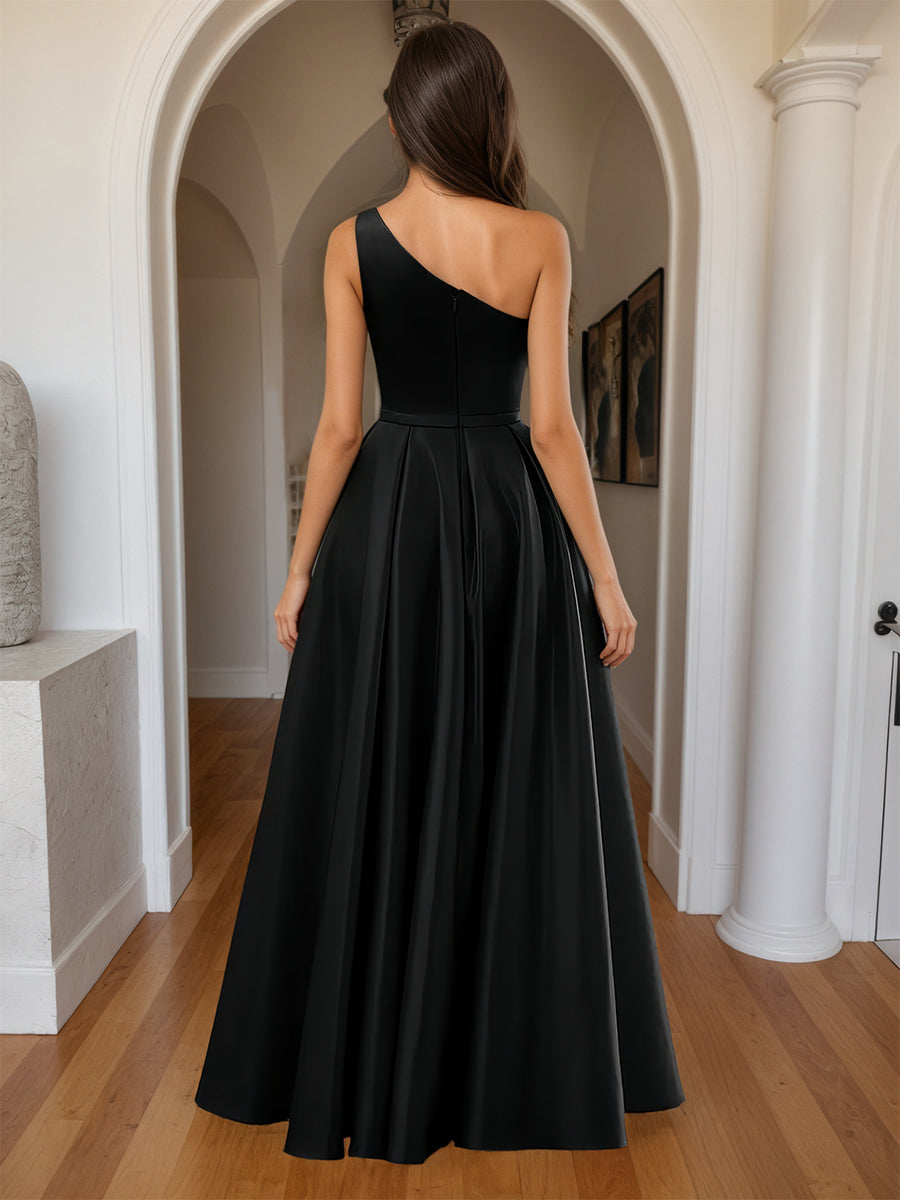 Cicinia Black Prom Dresses Satin A-Line One Shoulder with Slit Floor Length Gowns