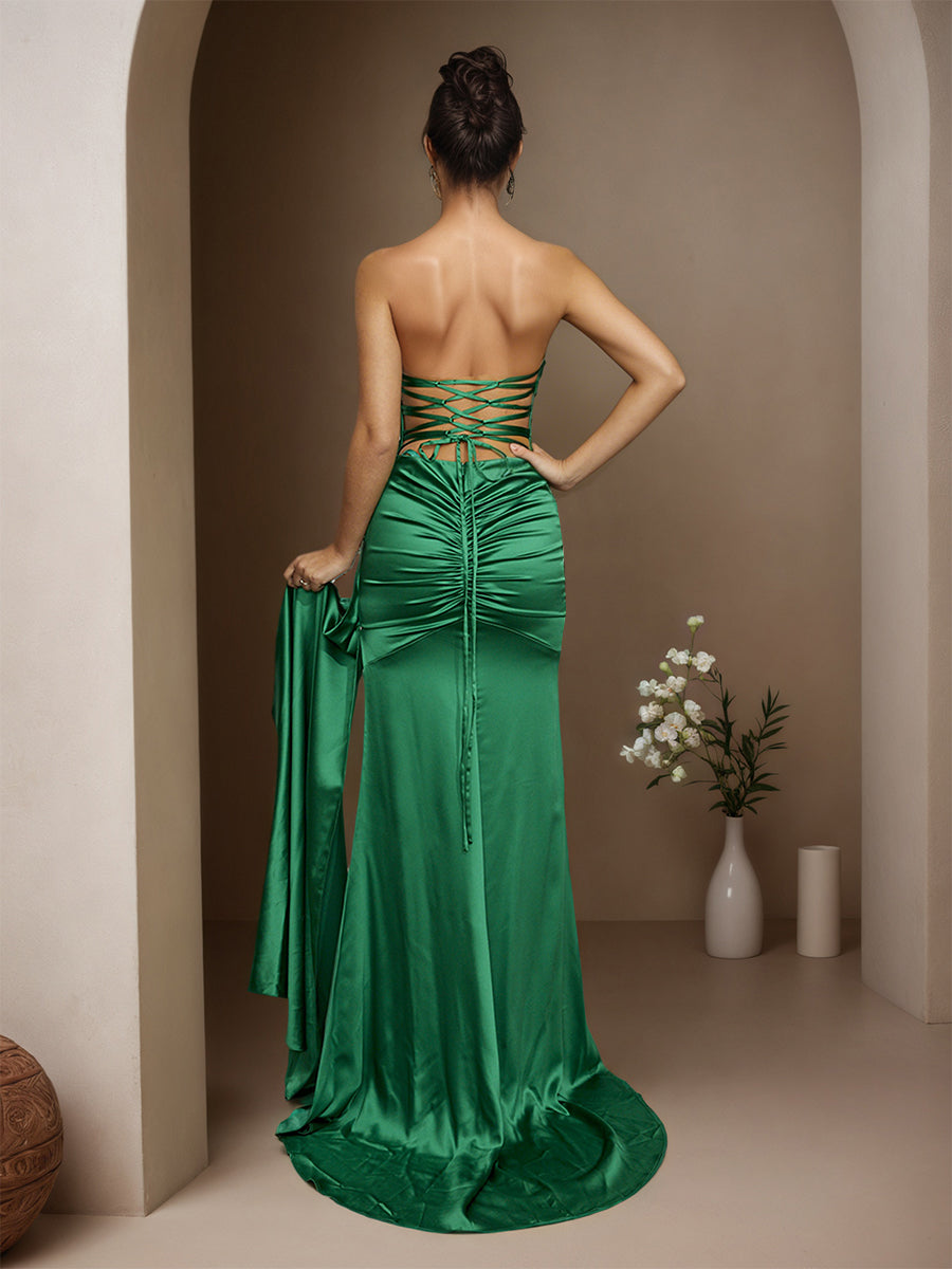 Cicinia Green Prom Dresses Soft Satin Sheath Strapless Sweep Train with Split Evening Gown