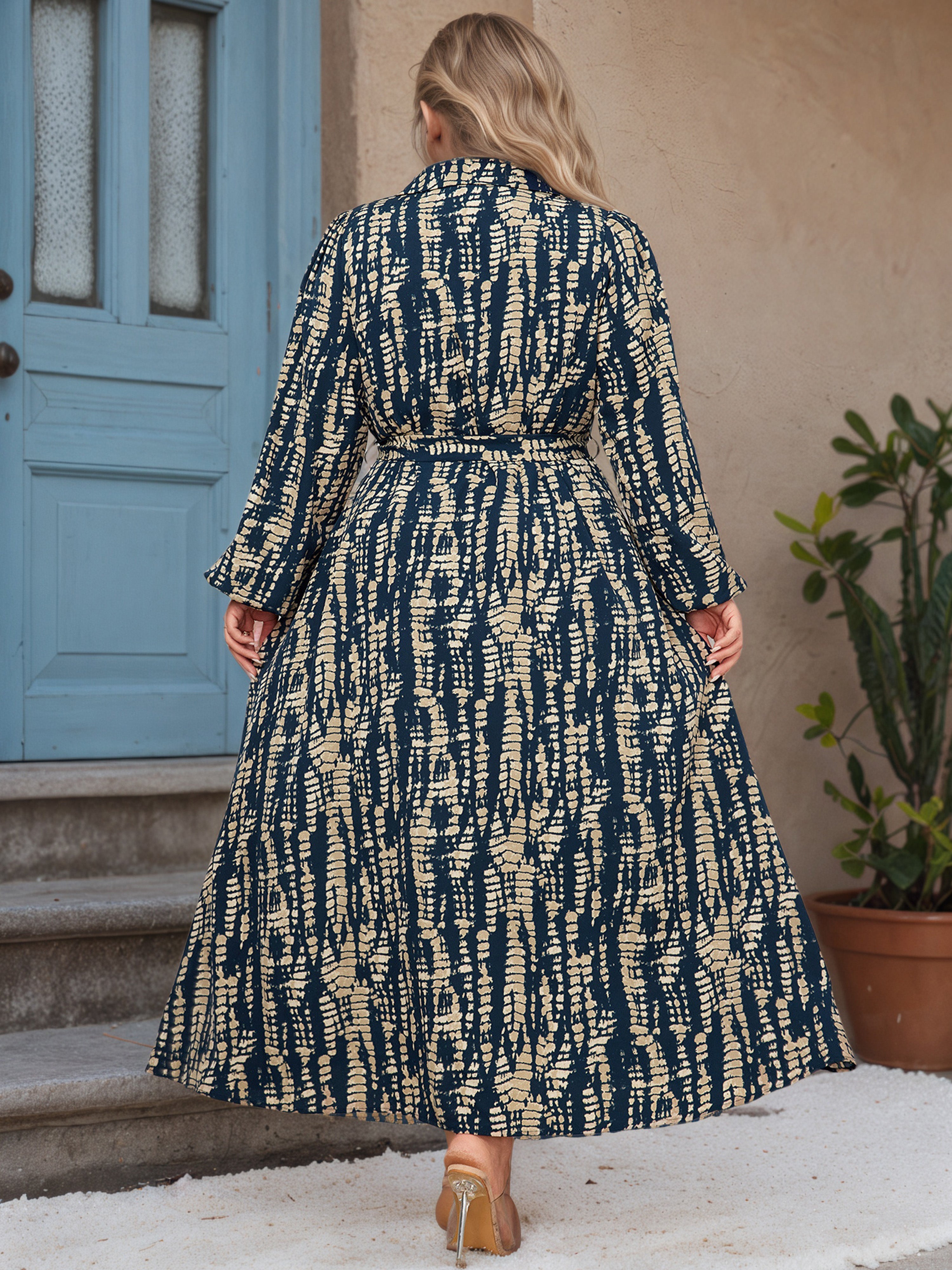 Ink Blue Lantern Sleeve Plus Size Dress with Belt