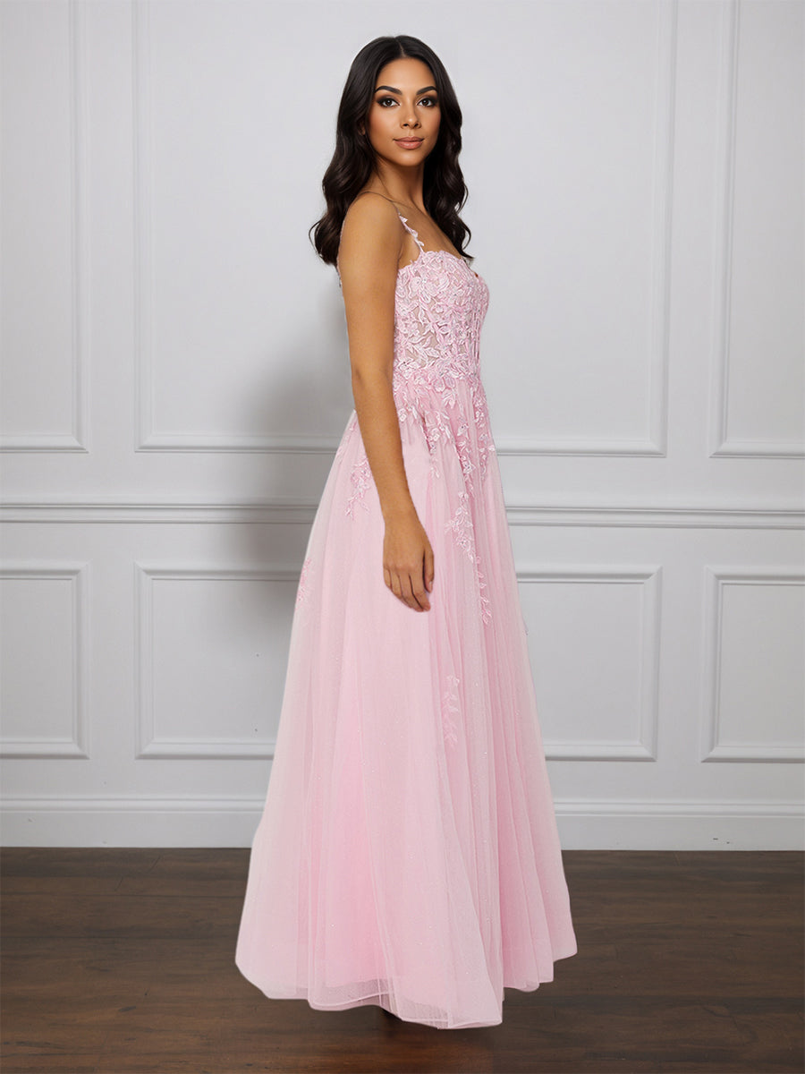 Cicinia Blushing Pink Prom Dresses Lace Appliques Tulle Sweetheart A-Line Long Evening Gown
