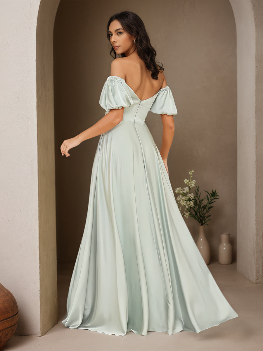 Cicinia Celadon Prom Dresses Satin Chiffon  Off The Shoulder Puff Sleeves A-Line Floor Length