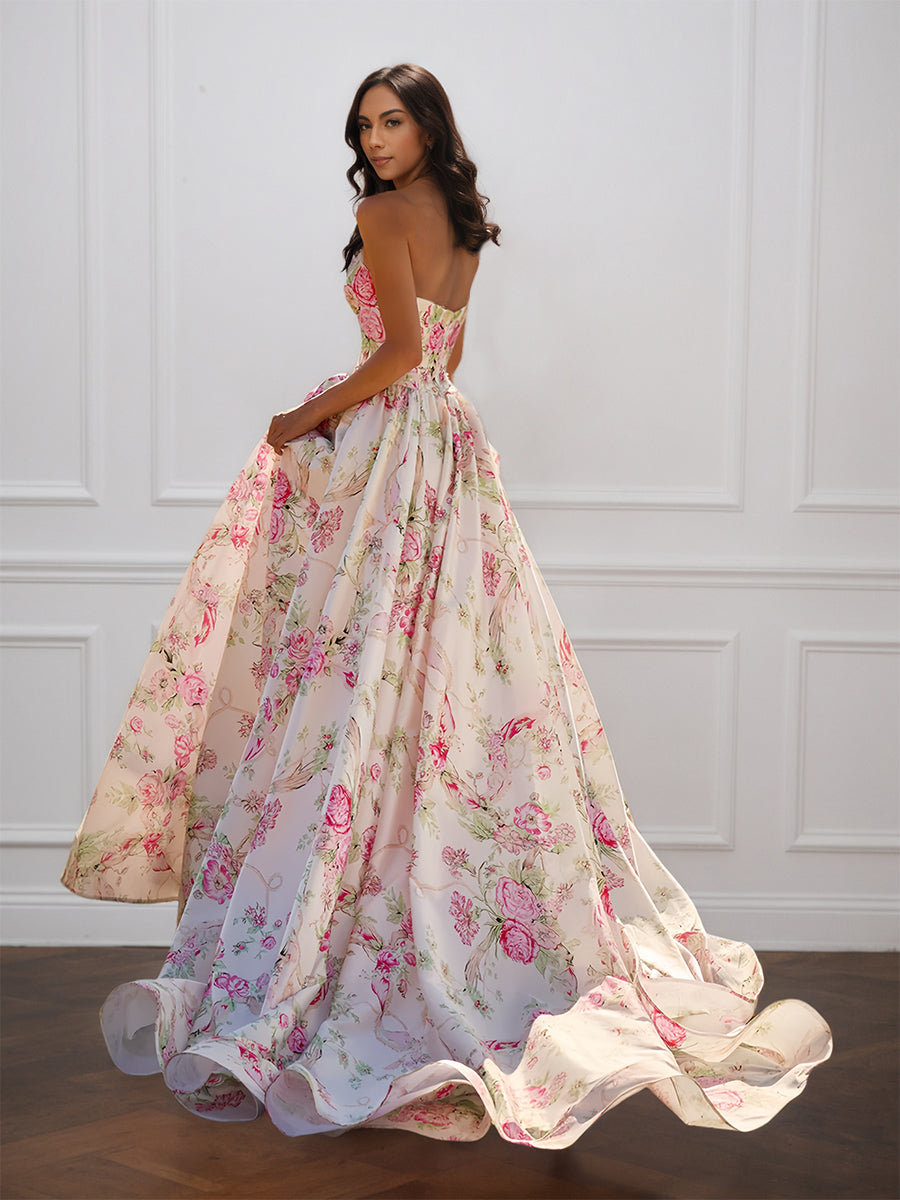 Cicinia Azalea Floral Prom Dress Printed Fabric Strapless with Bowknot A-Line Evening Gowns