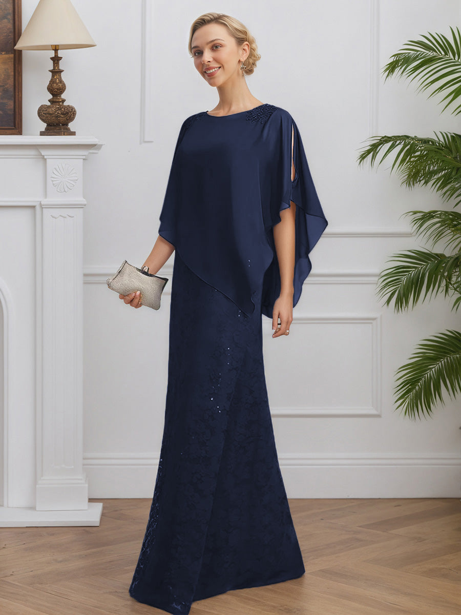 Cicinia Dark Navy Mother Of The Bride Dresses Chiffon Lace Half Sleeves Round Neckline Floor Length