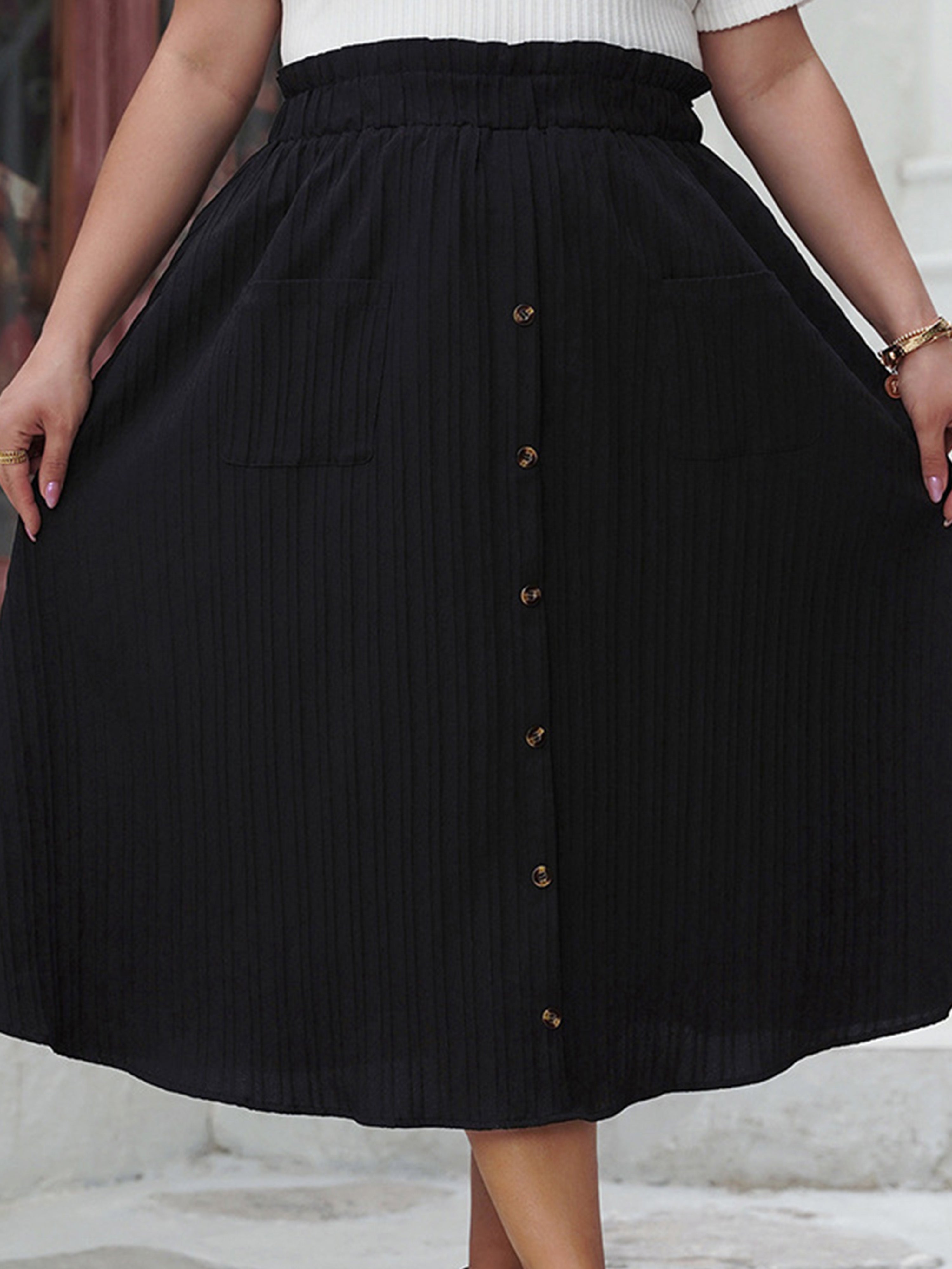 Black Pleats Tea Length Plus Size Skirt
