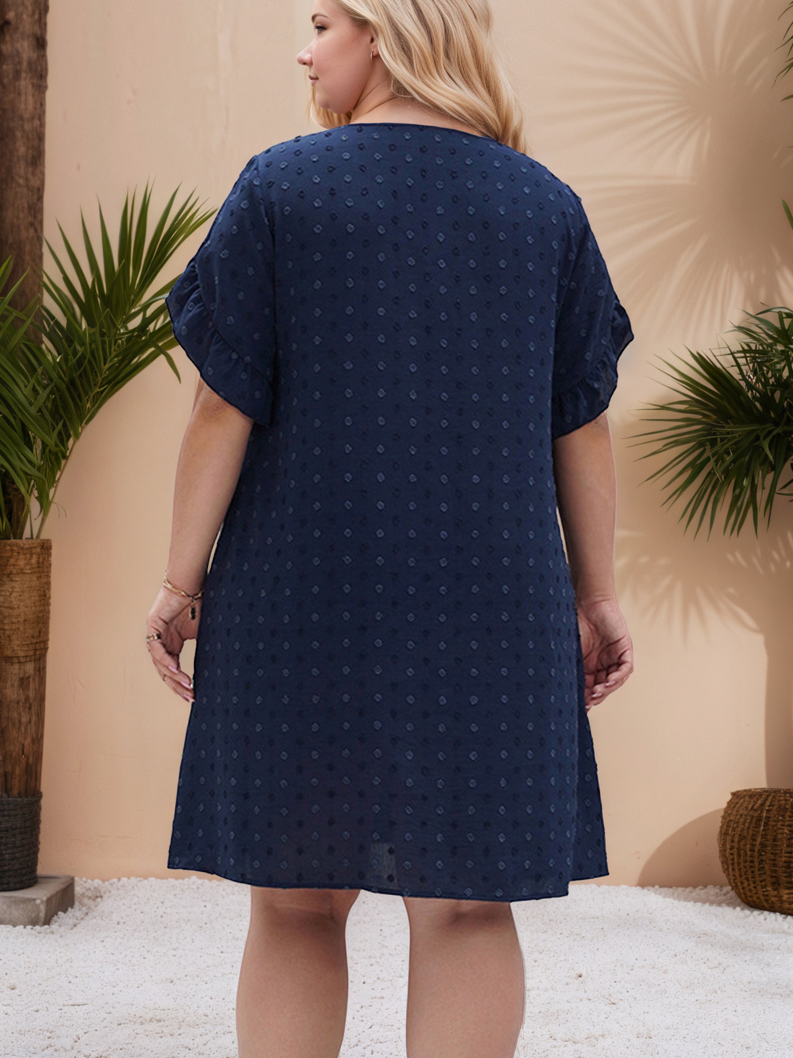 Round Neck Polka Dot Ruffle Sleeves Plus Size Dress