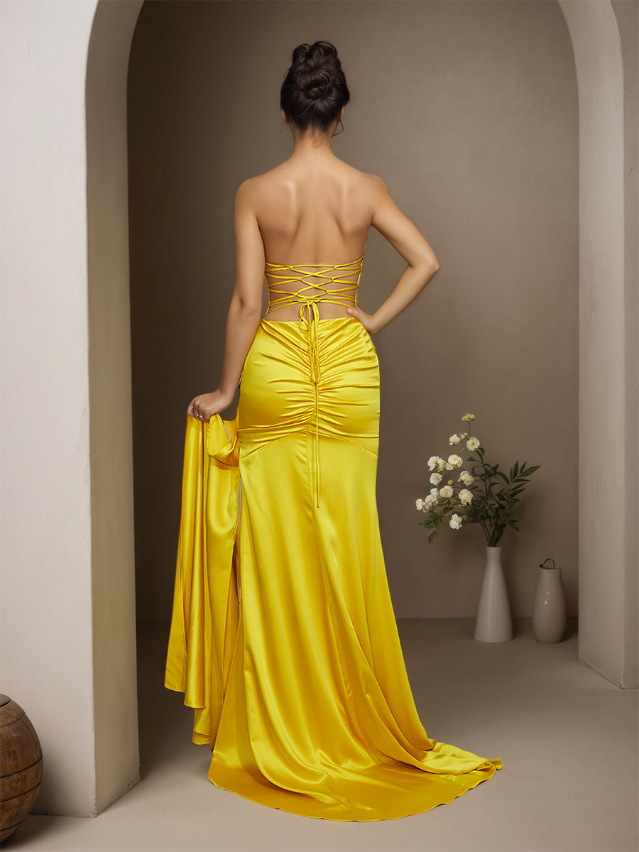 Cicinia Yellow Prom Dresses Soft Satin Sheath Strapless Sweep Train with Split Evening Gown