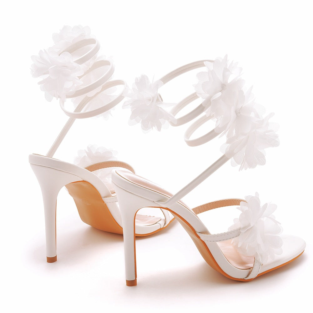 White Appliques Ankle Strap Open Toe Ultra High Heels