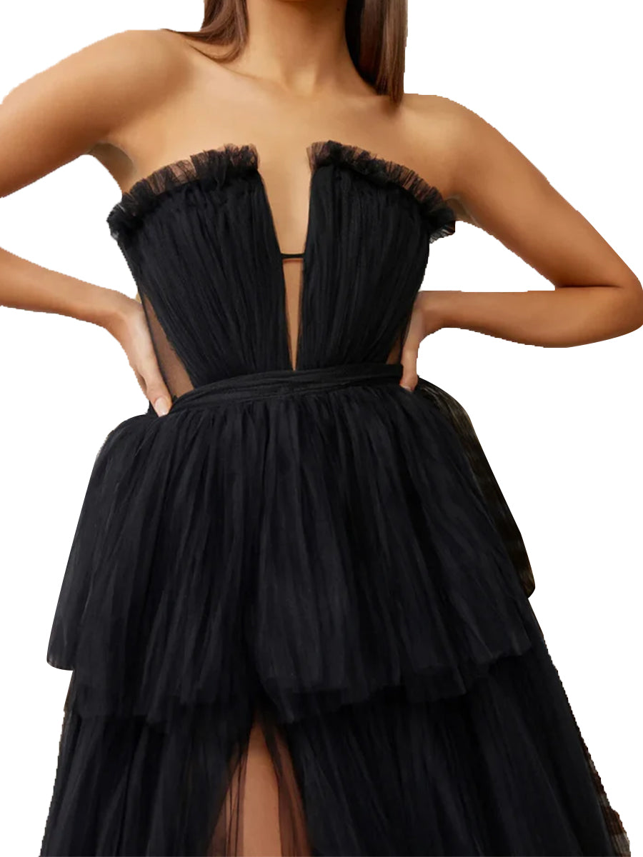 Cicinia Black Prom Dresses Tulle Strapless Notched A-Line Layers Slit Long Evening Gown