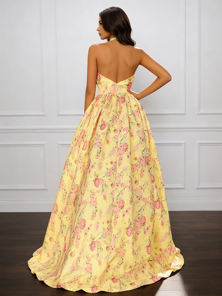 Cicinia Yellow Prom Dress Floral Printed Halter Deep V Backless A-Line with Slit Evening Gowns