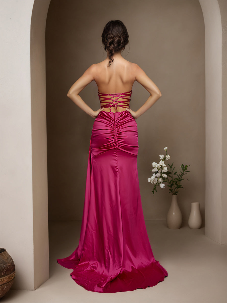 Cicinia Fuchsia Prom Dresses Soft Satin Sheath Strapless Sweep Train with Split Evening Gown