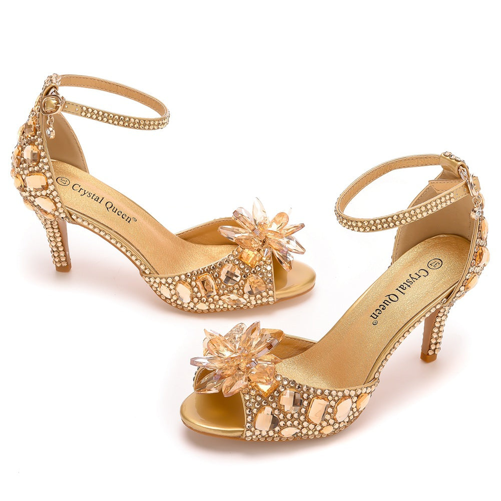 Peep Toe Crystal Rhinestone Ankle-Strap High Heels