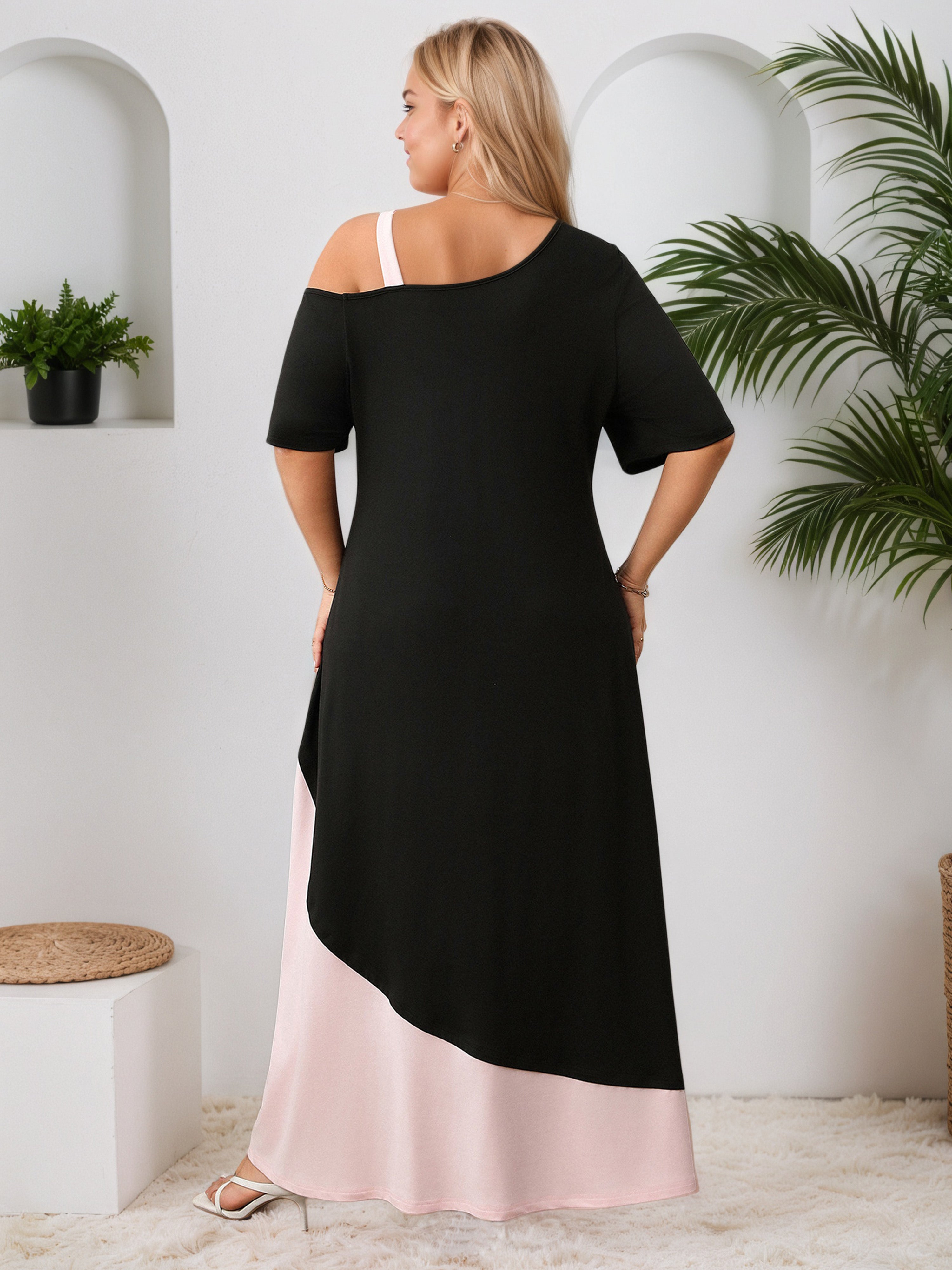 Plain Patchwork One Shoulder Ankle Length Plus Size Dress