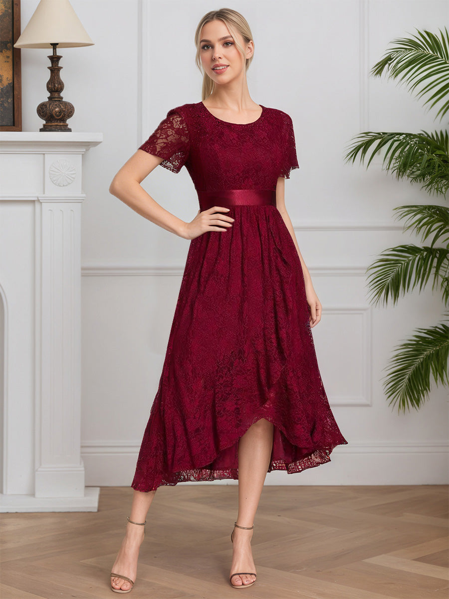 Cicinia Burgundy Mother Of The Bride Dresses Lace A-Line Tea Length Chic Short Sleeves