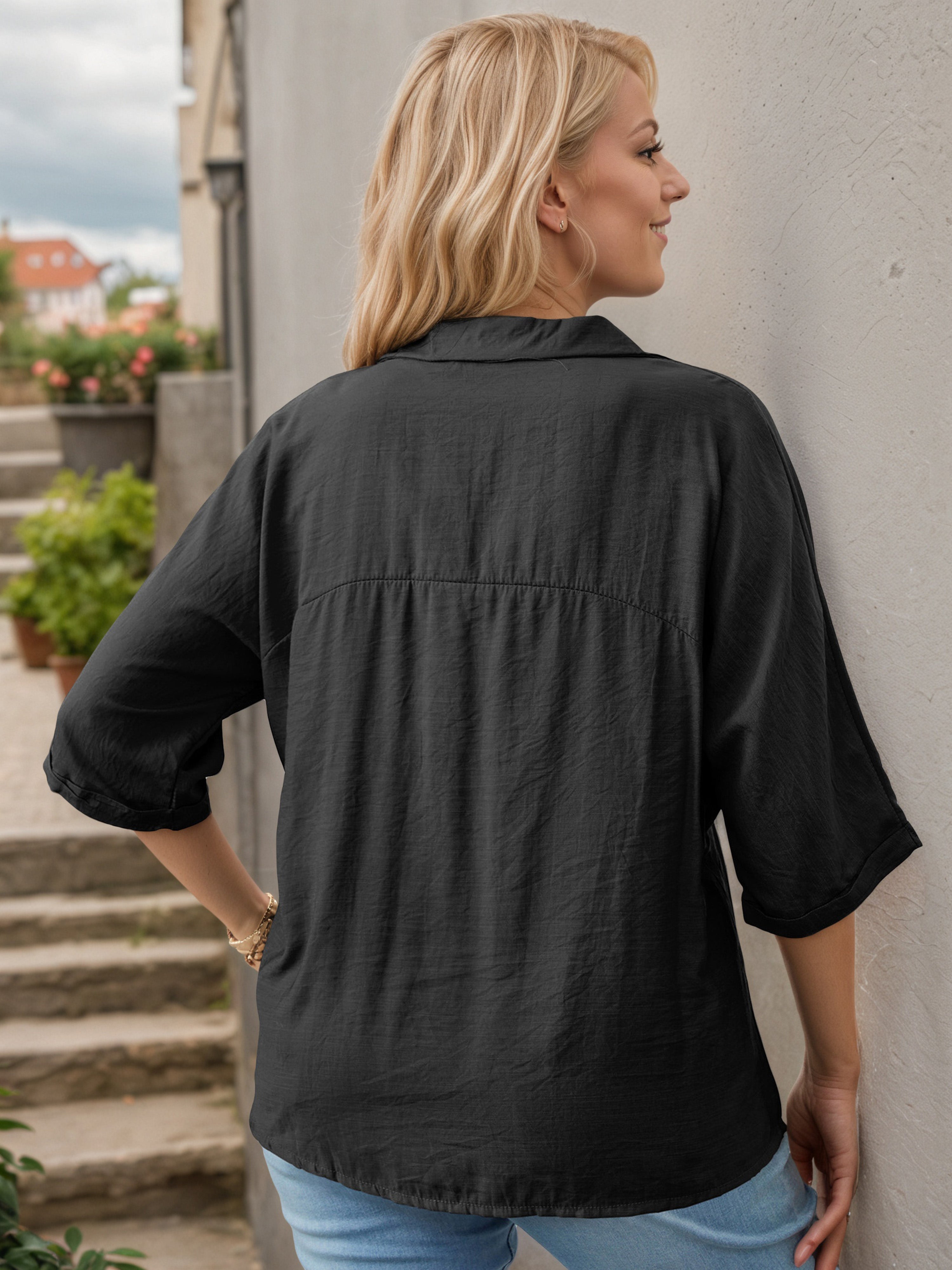 Plus V-Neck Button Half Sleeves Black Blouse