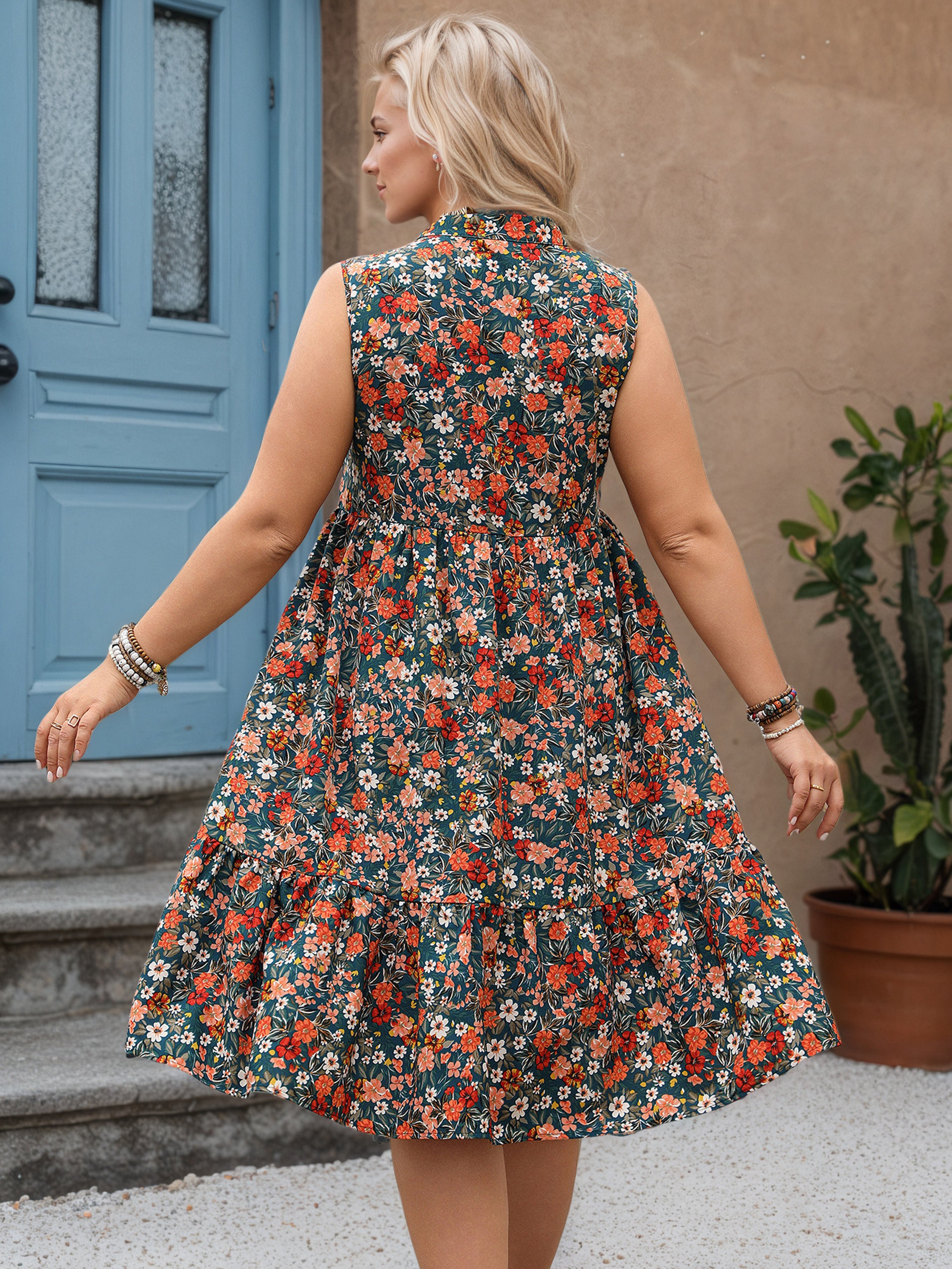 V-Neck Sleeveless Orange Floral A-Line Plus Size Dress