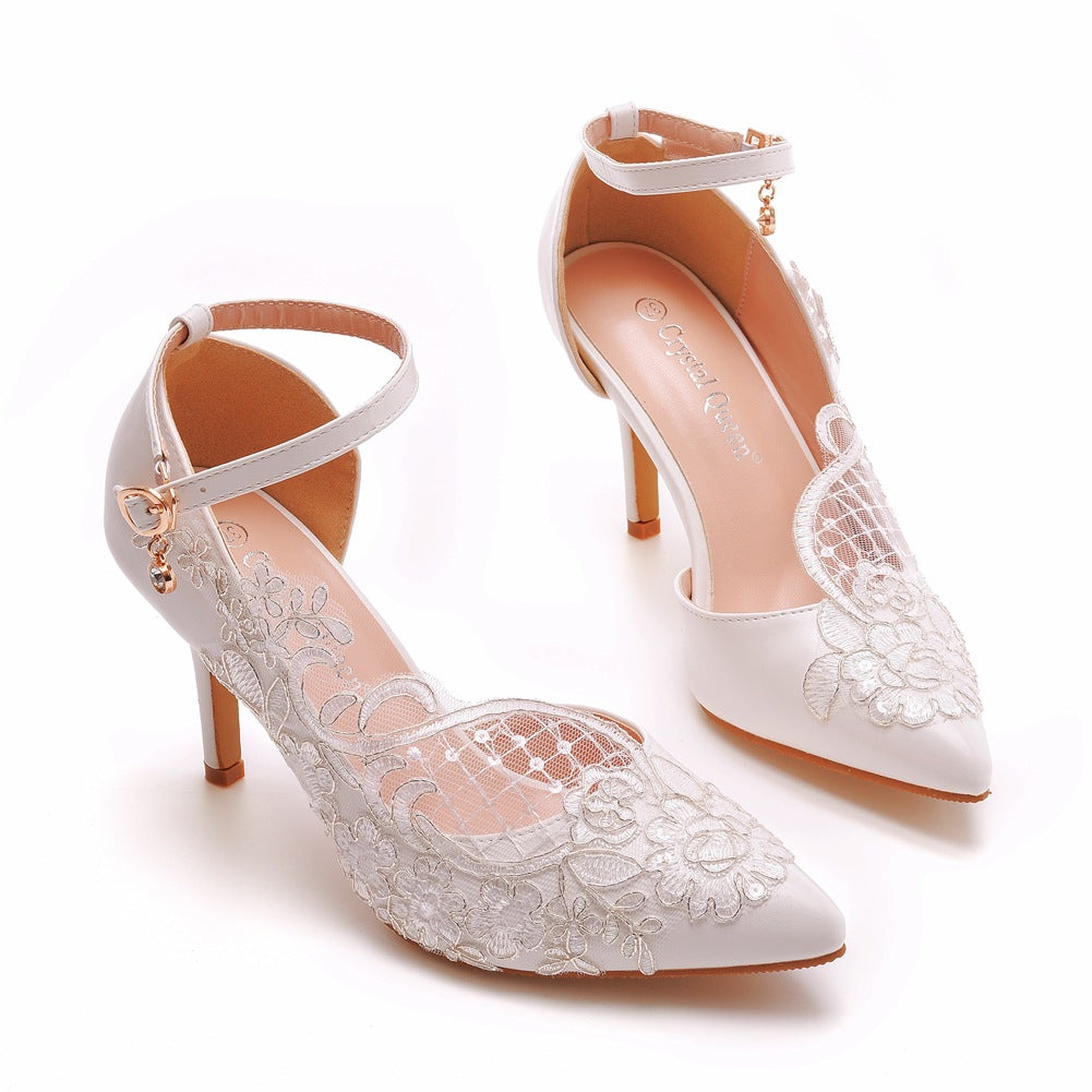 White Pointed Toe Lace Ankle Strap High Heels