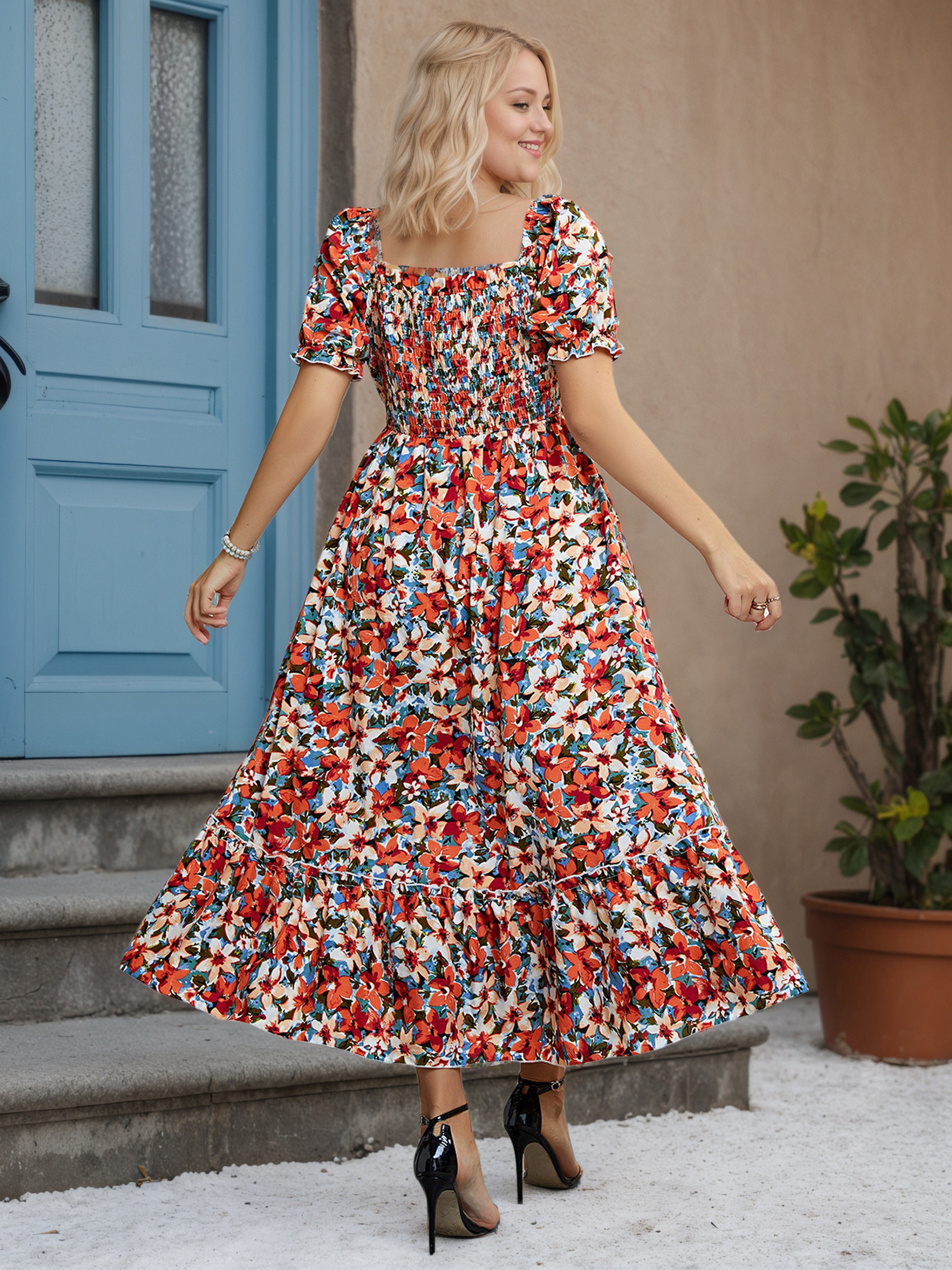 Floral Orange Ankle Length Plus Size Dress with Square Neckline
