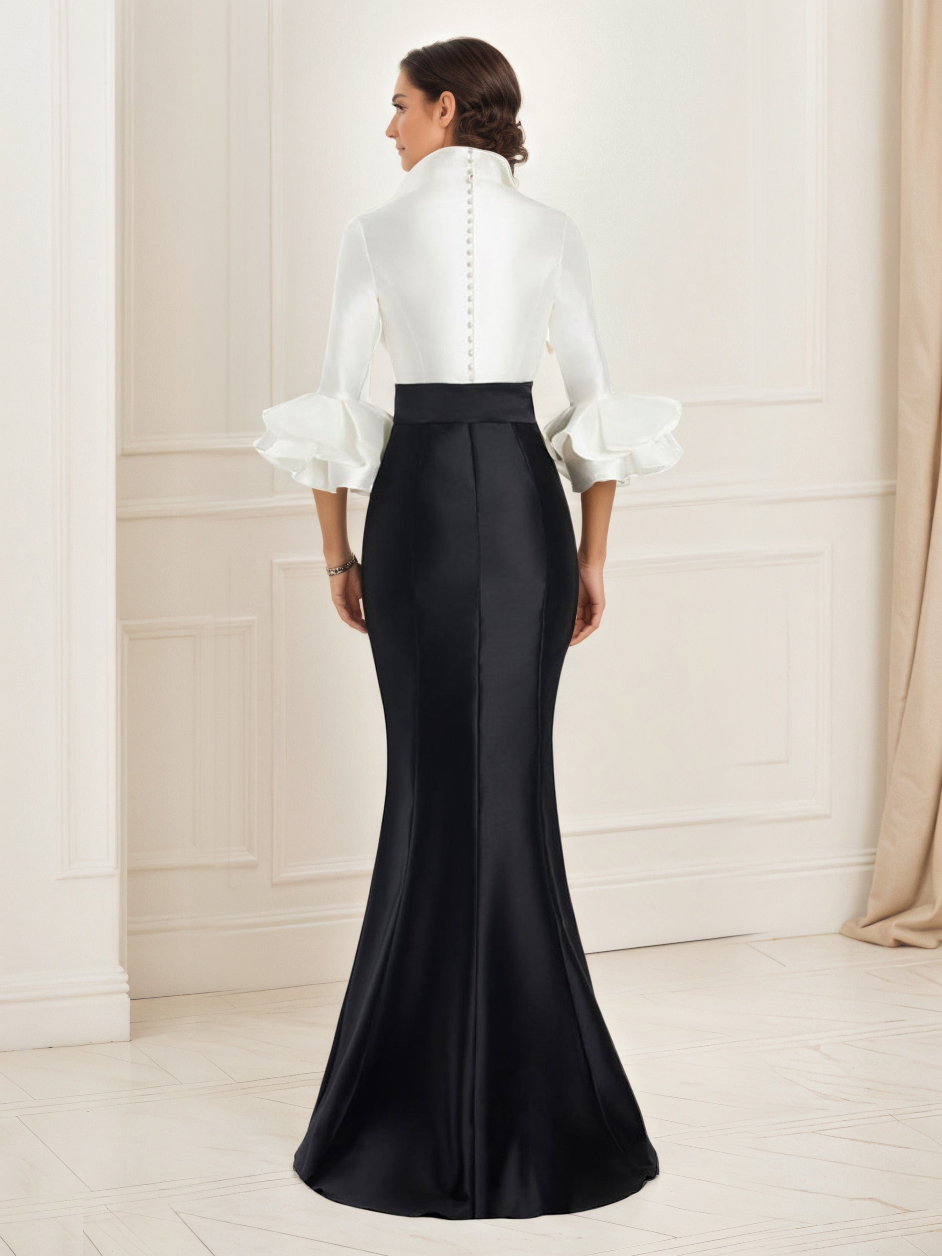 Black and White Prom Dress Satin Belt V Neck Prom Dress with Ruffle Sleeves