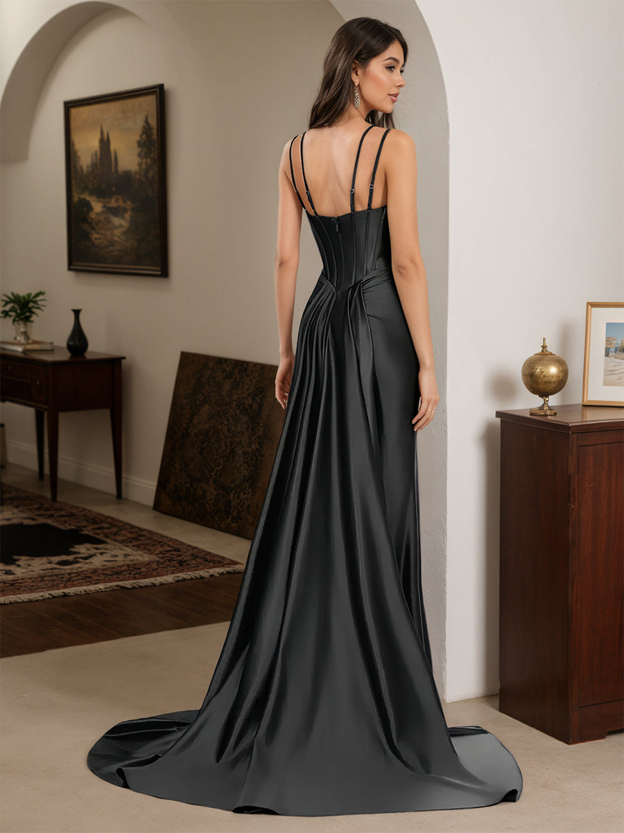 Cicinia Black Prom Dresses Sheath Spaghetti Straps Beading Evening Dress with Split