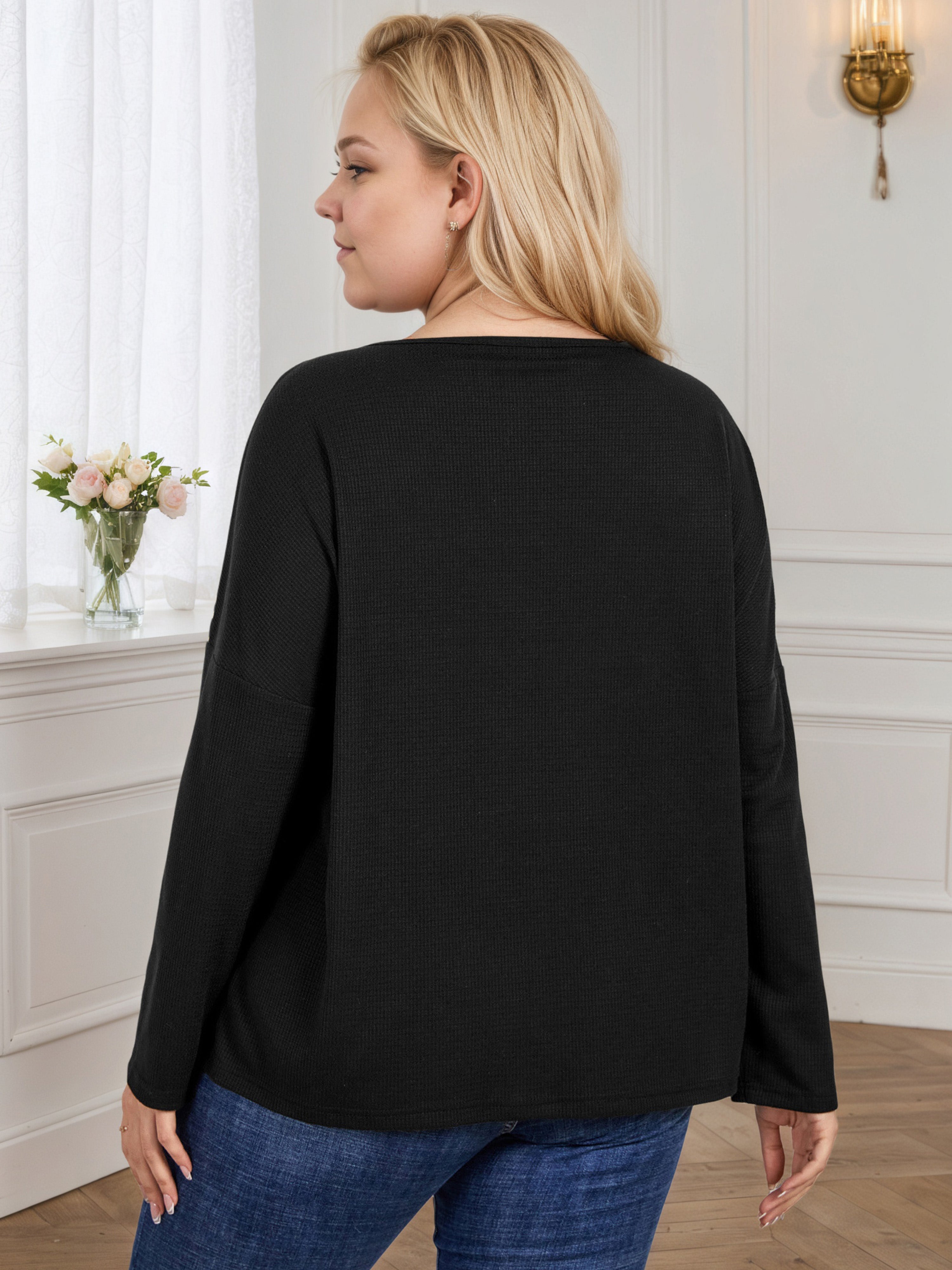 Black Plus Long Sleeves Leopard Blouse