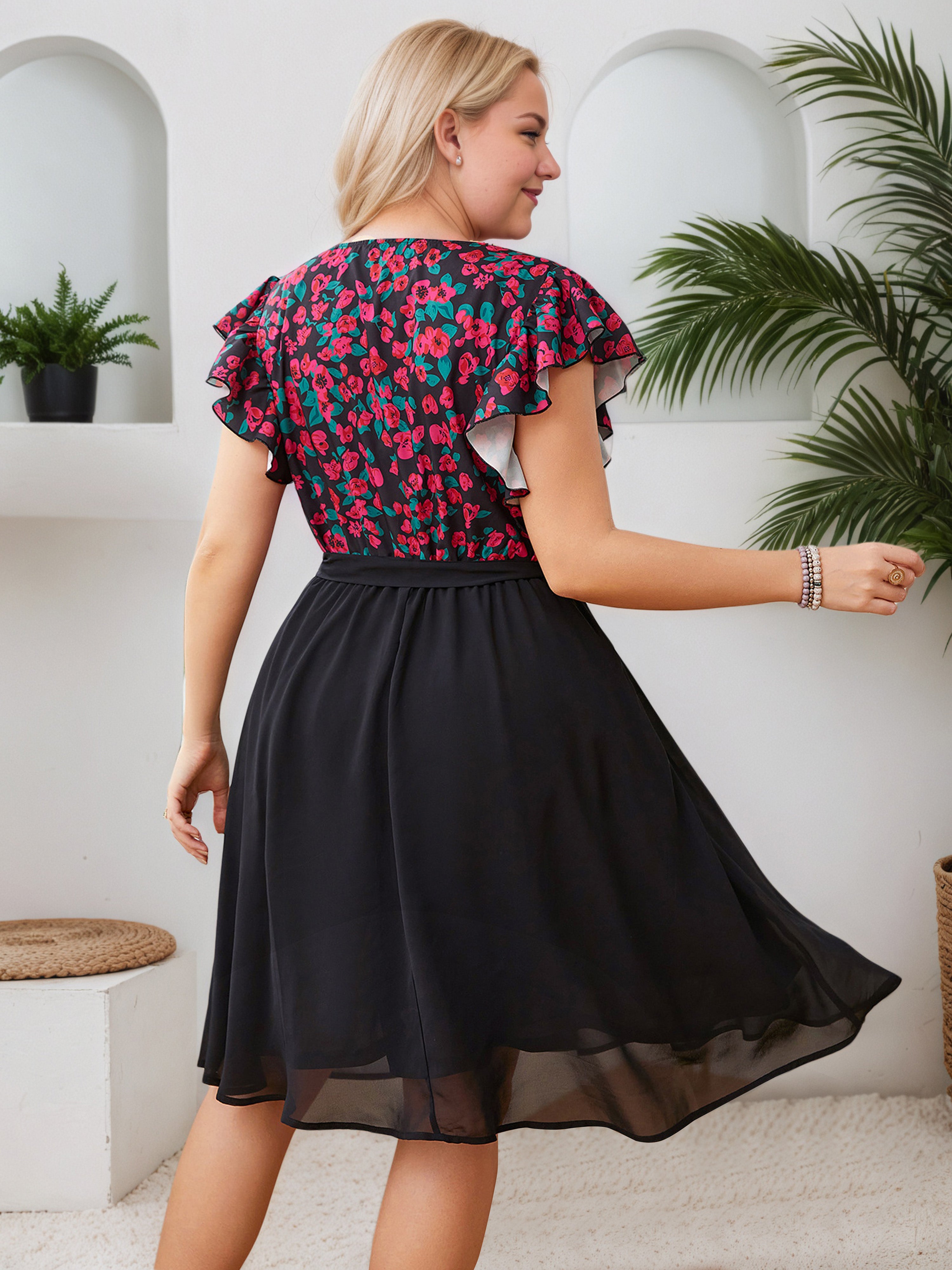 Contrast Plain Patchwork Ruffle Fuchsia Cap Sleeves Plus Size Dress
